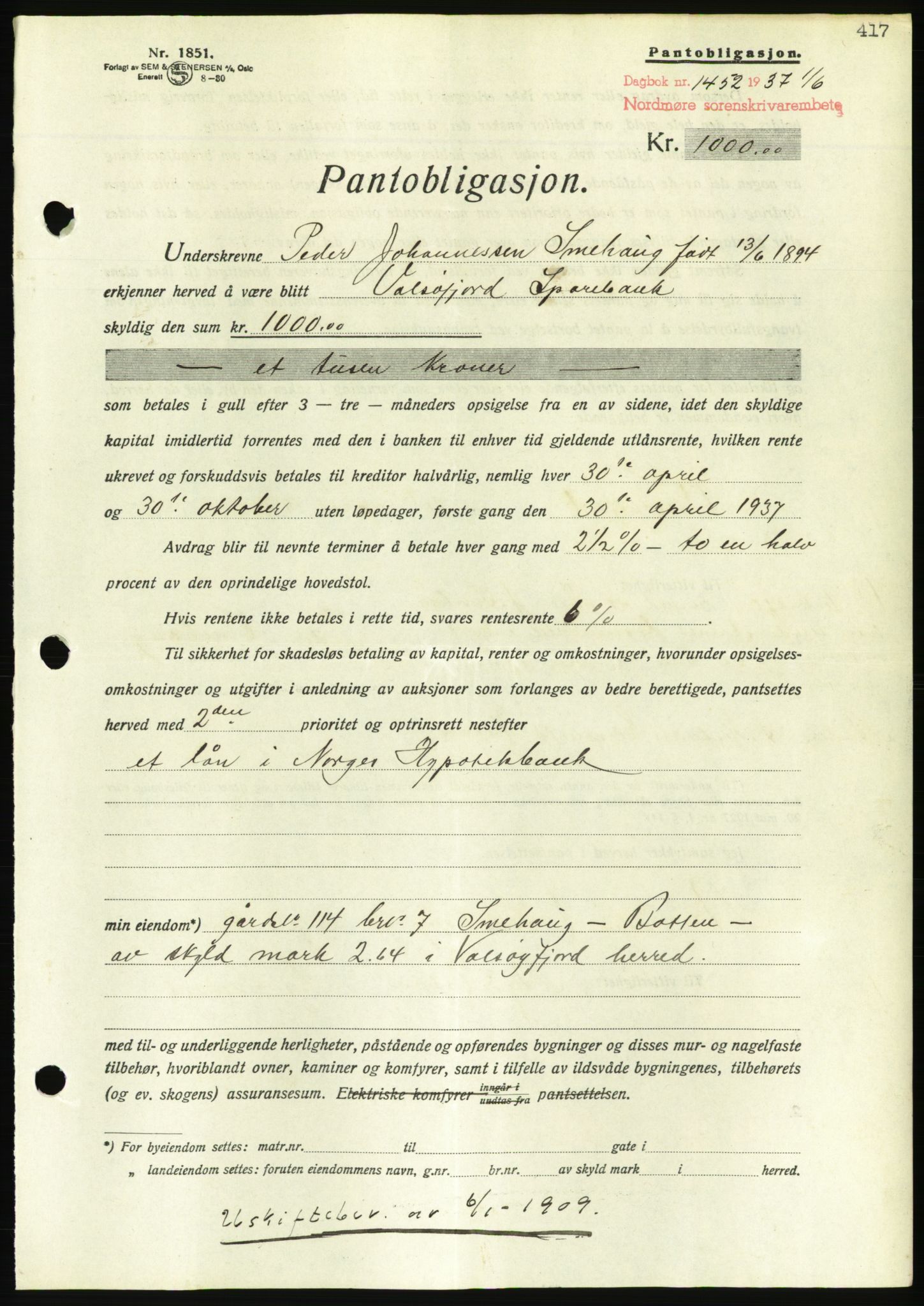 Nordmøre sorenskriveri, AV/SAT-A-4132/1/2/2Ca/L0091: Mortgage book no. B81, 1937-1937, Diary no: : 1452/1937