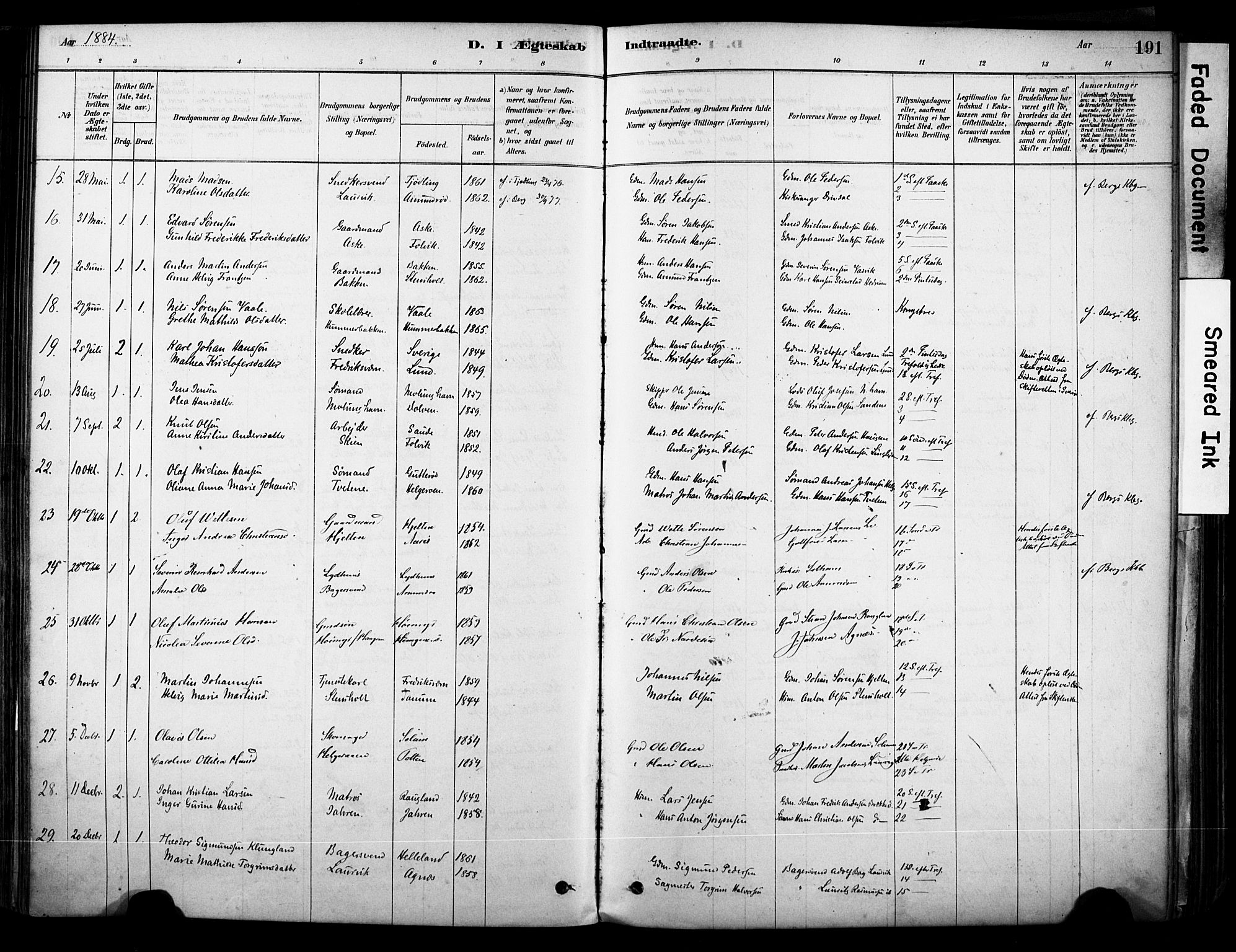 Brunlanes kirkebøker, AV/SAKO-A-342/F/Fc/L0001: Parish register (official) no. III 1, 1878-1899, p. 191