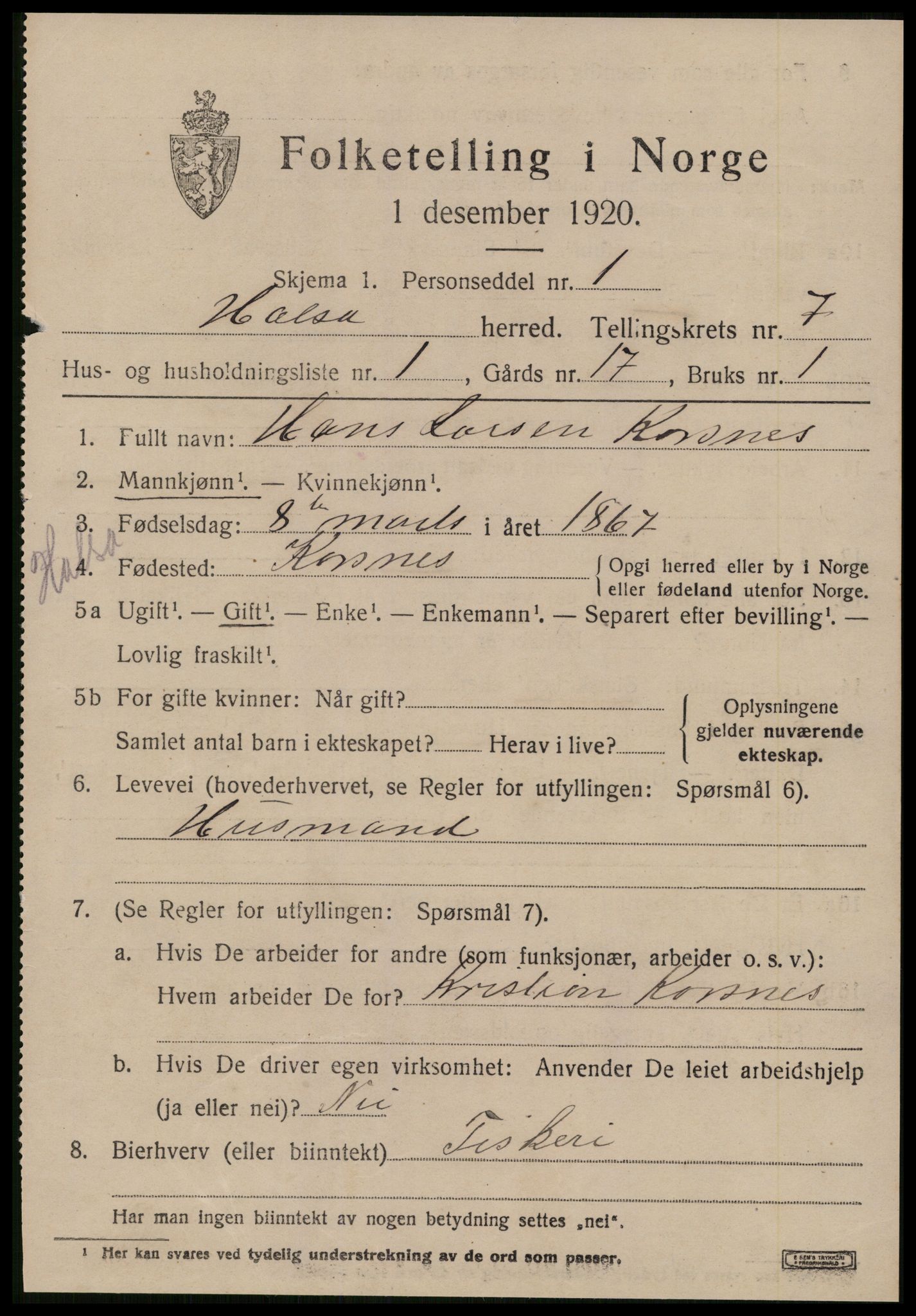 SAT, 1920 census for Halsa, 1920, p. 2553