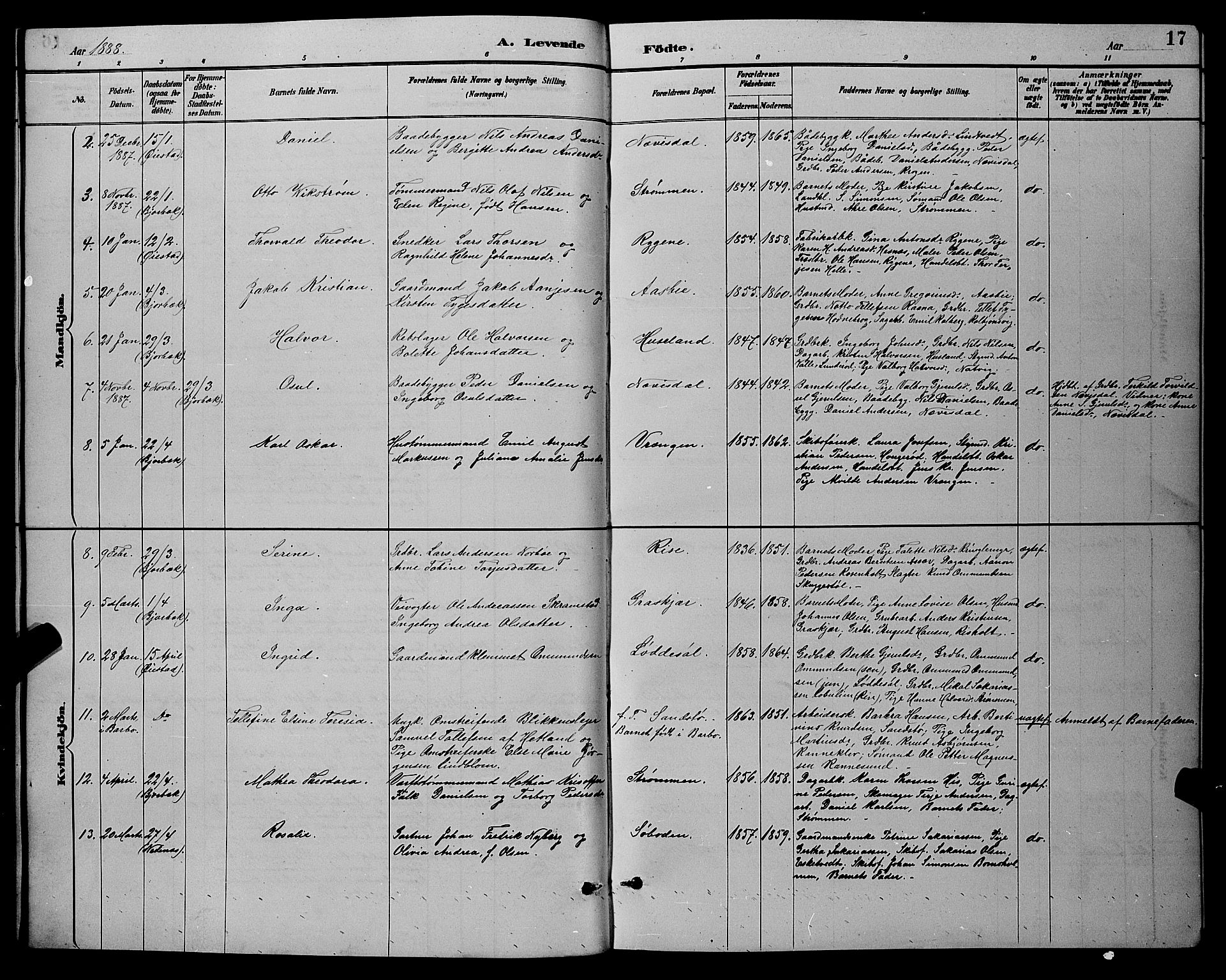 Øyestad sokneprestkontor, AV/SAK-1111-0049/F/Fb/L0009: Parish register (copy) no. B 9, 1886-1896, p. 17