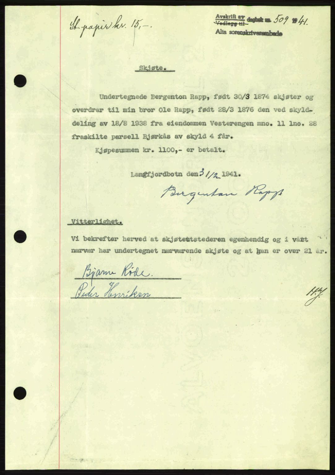 Alta fogderi/sorenskriveri, SATØ/SATØ-5/1/K/Kd/L0033pantebok: Mortgage book no. 33, 1940-1943, Diary no: : 509/1941