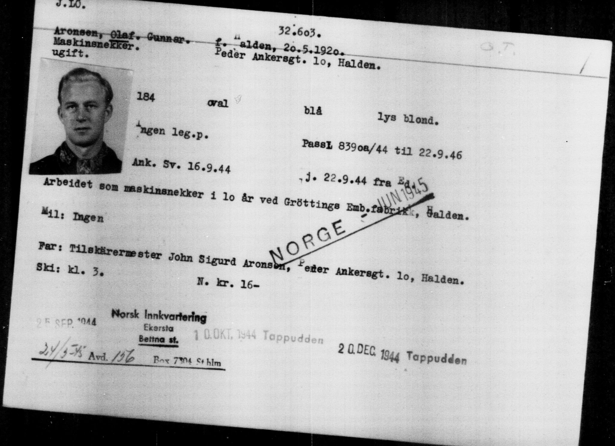 Utenriksstasjonene, Legasjonen i Stockholm, Flyktningkontoret, AV/RA-S-6753/V/Va/L0013: Kjesäterkartoteket, flyktninger med registreringsnr. 31500-34731, 1940-1945, p. 1163