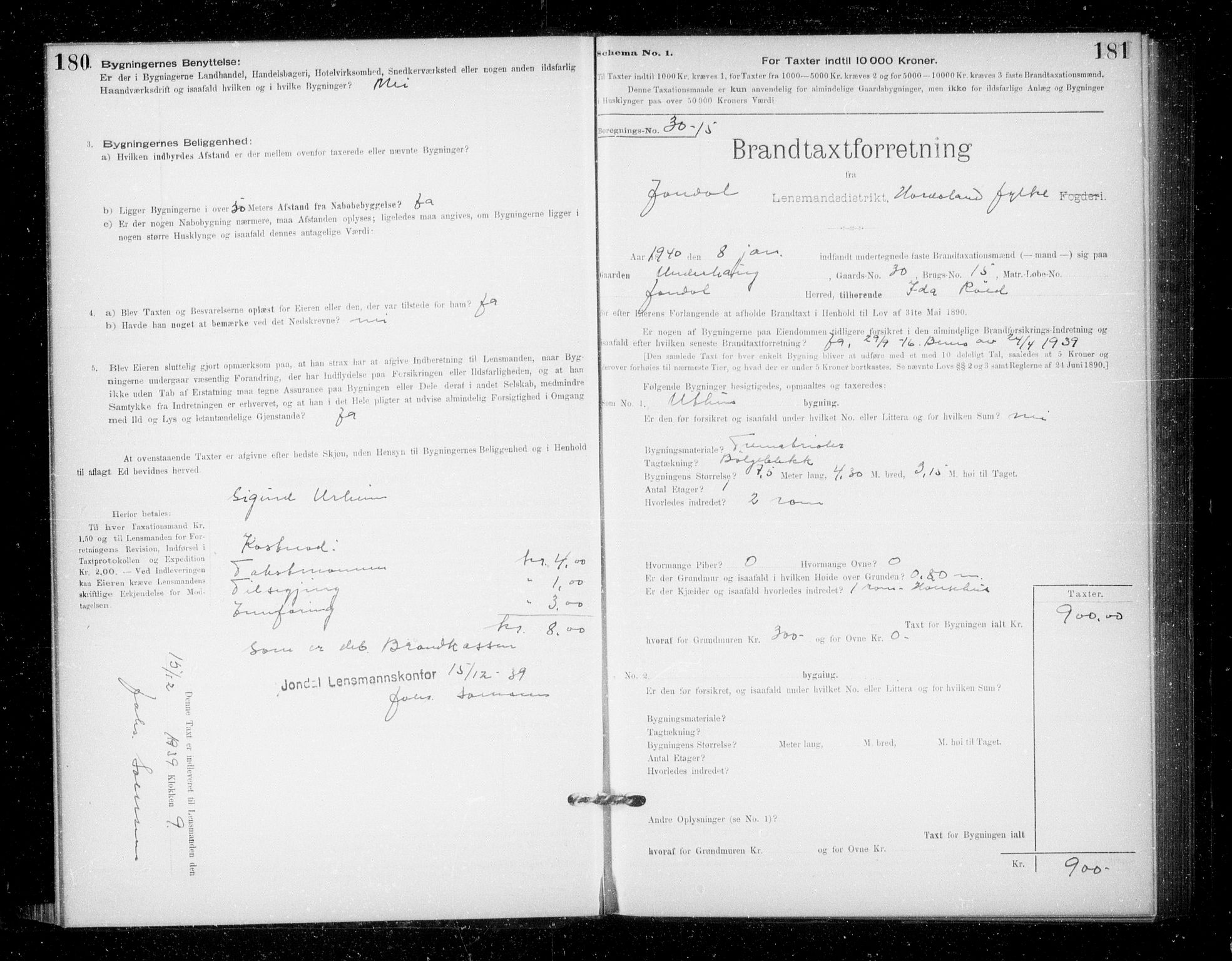 Lensmannen i Jondal, SAB/A-33101/0012/L0005: Branntakstprotokoll, skjematakst, 1894-1951, p. 180-181