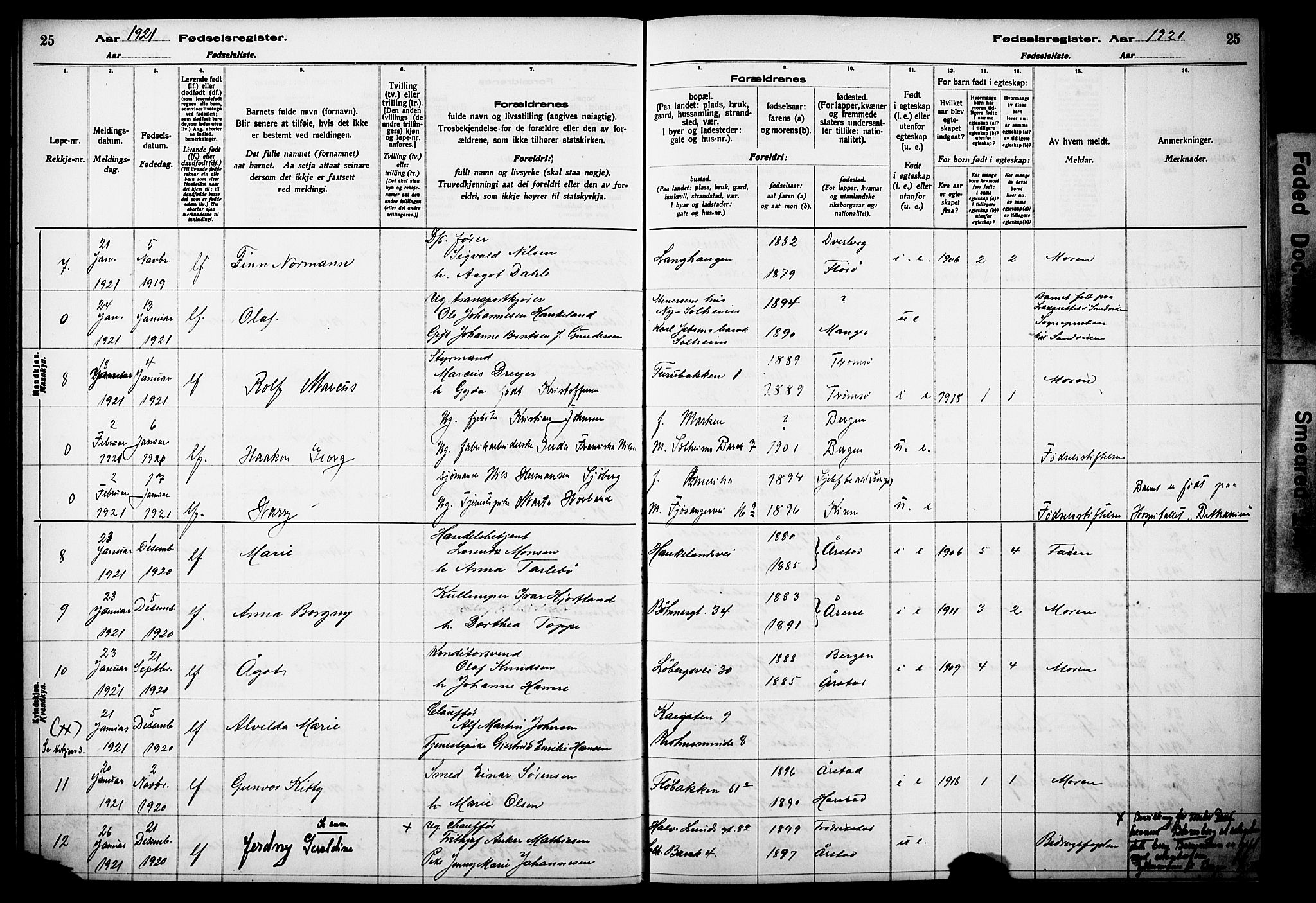 Årstad Sokneprestembete, AV/SAB-A-79301/I/Id/L0A02: Birth register no. A 2, 1920-1924, p. 25