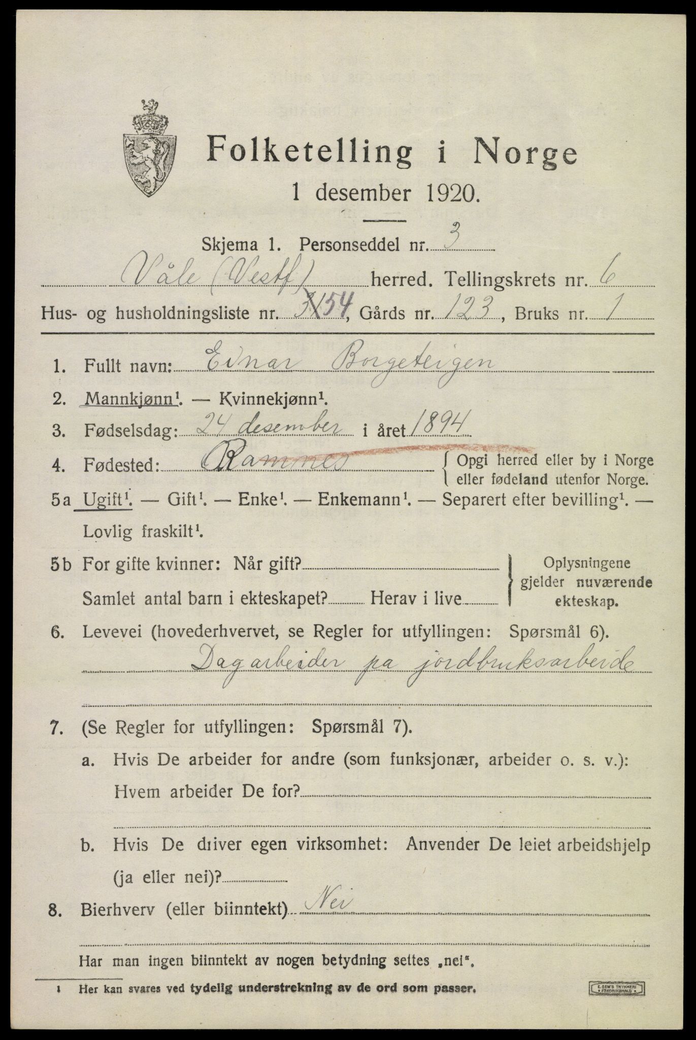 SAKO, 1920 census for Våle, 1920, p. 5498