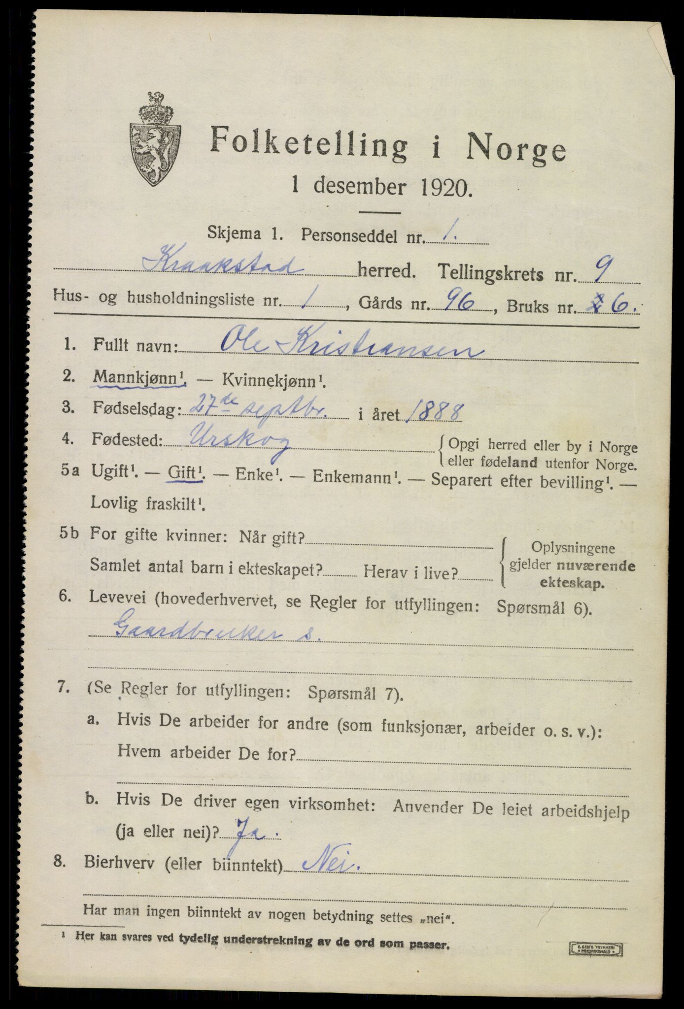 SAO, 1920 census for Kråkstad, 1920, p. 9589