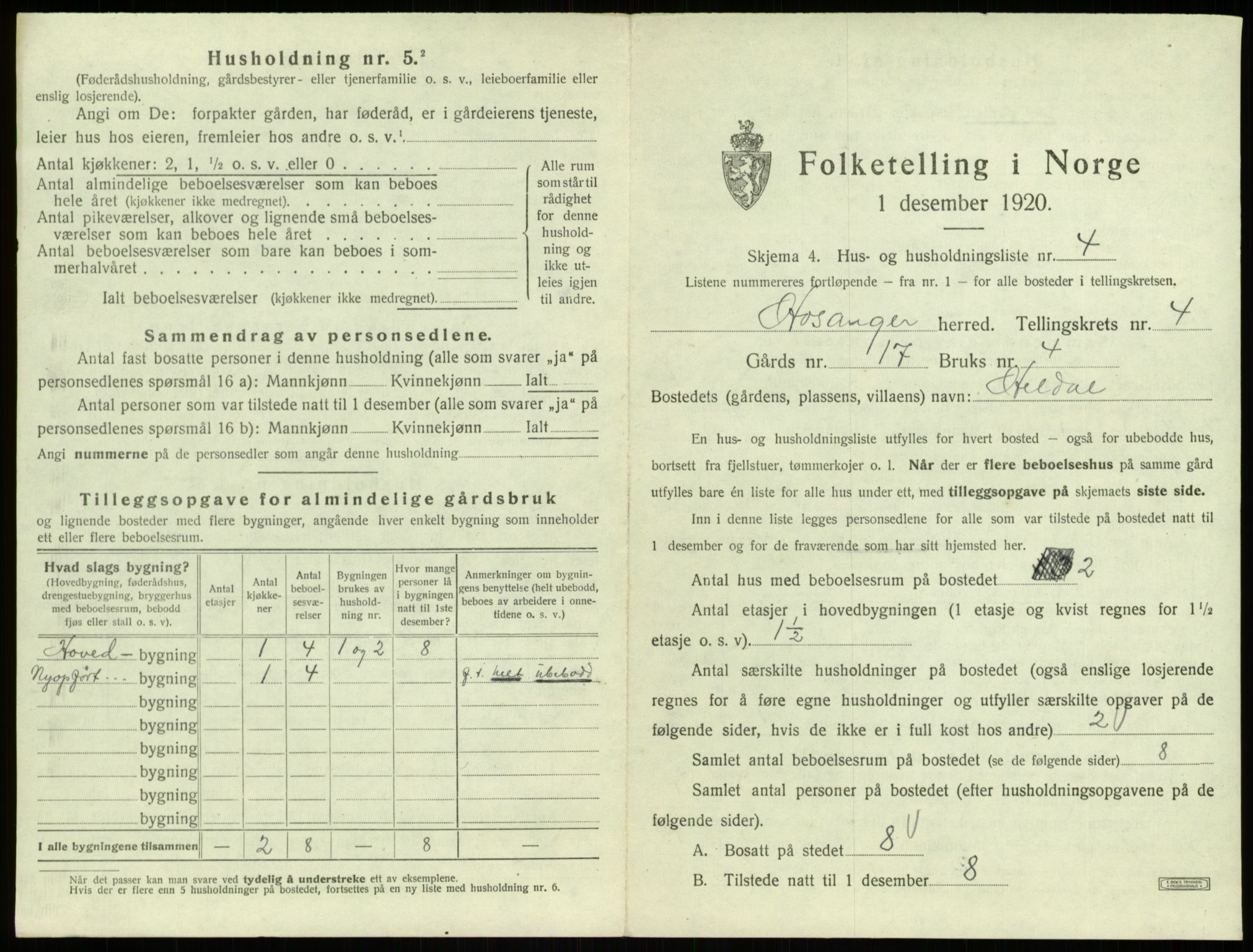 SAB, 1920 census for Hosanger, 1920, p. 196