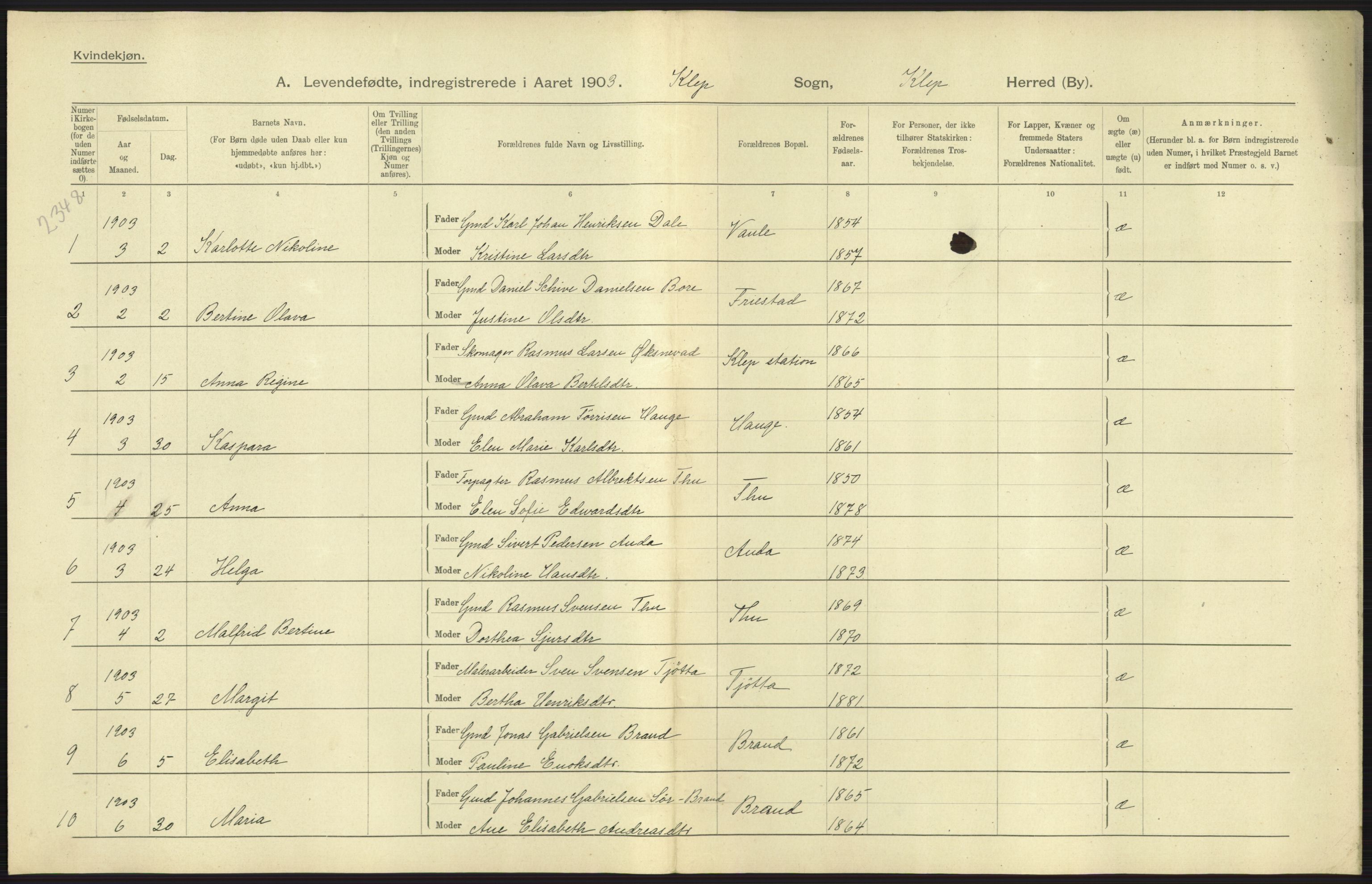 Statistisk sentralbyrå, Sosiodemografiske emner, Befolkning, AV/RA-S-2228/D/Df/Dfa/Dfaa/L0012: Stavanger amt: Fødte, gifte, døde, 1903, p. 41