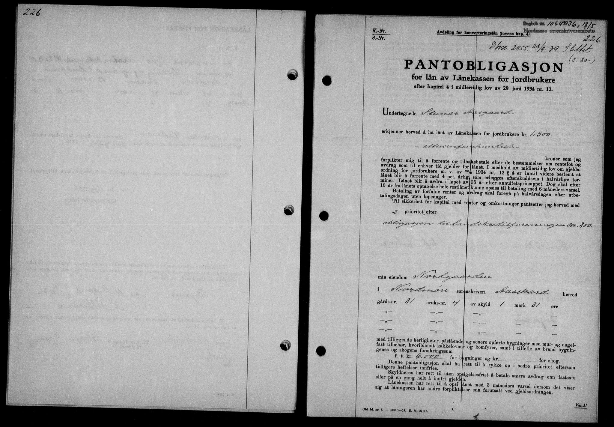 Nordmøre sorenskriveri, AV/SAT-A-4132/1/2/2Ca/L0088: Mortgage book no. 78, 1936-1936, Diary no: : 1064/1936