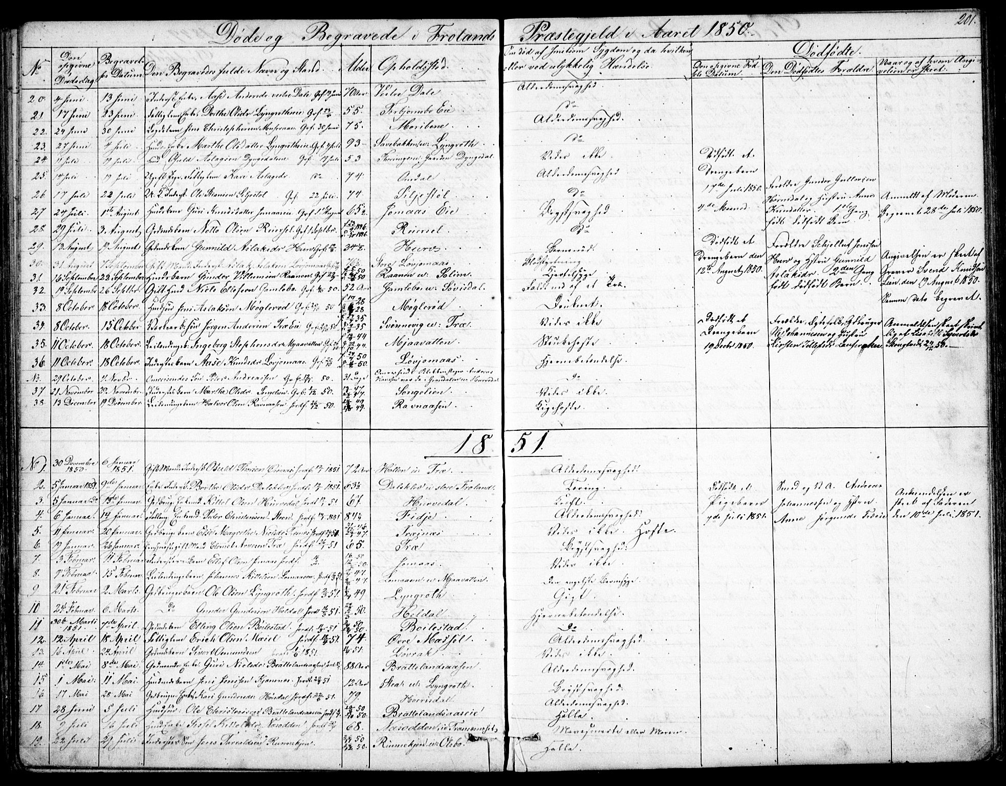 Froland sokneprestkontor, SAK/1111-0013/F/Fb/L0008: Parish register (copy) no. B 8, 1843-1875, p. 201