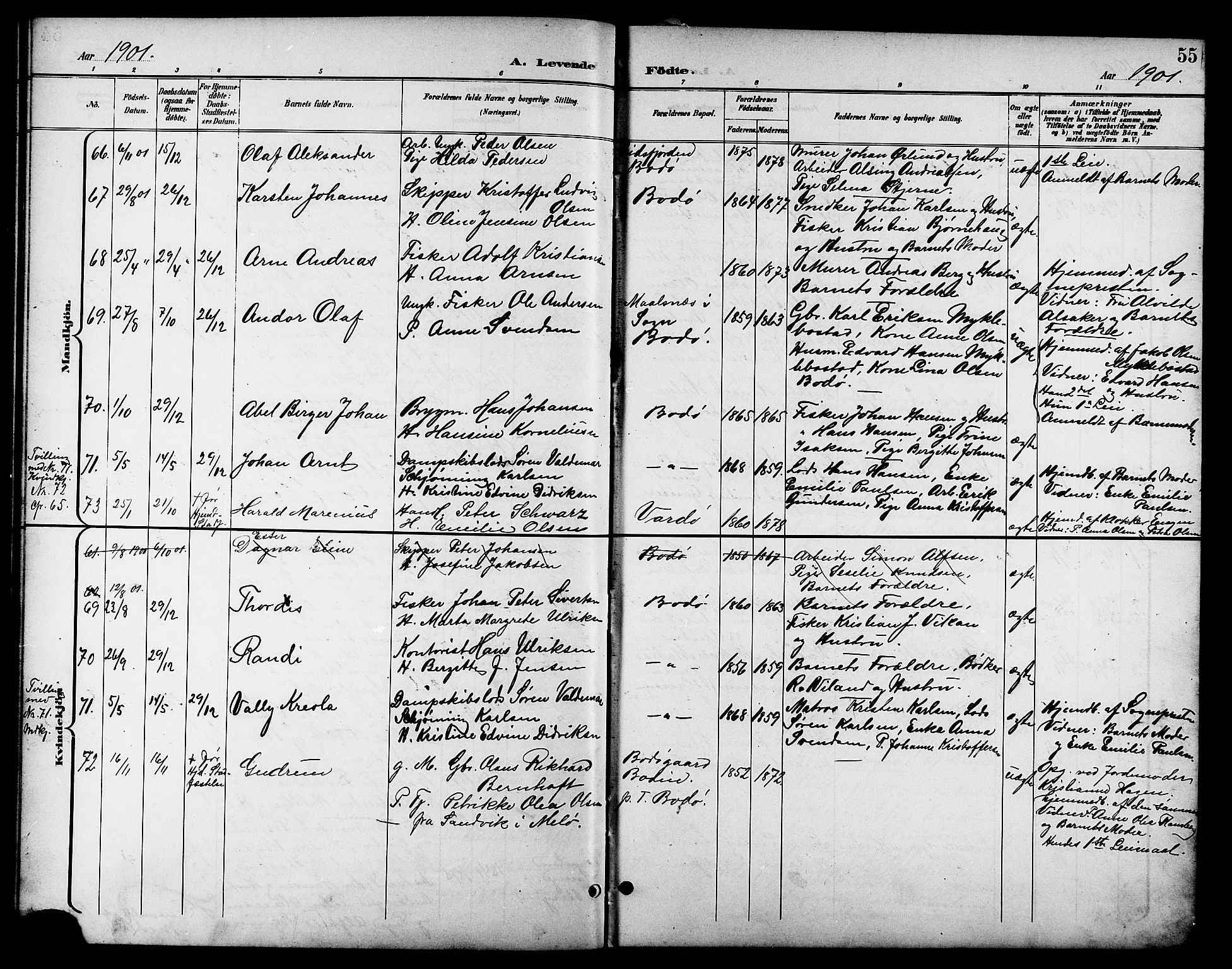 Ministerialprotokoller, klokkerbøker og fødselsregistre - Nordland, SAT/A-1459/801/L0033: Parish register (copy) no. 801C08, 1898-1910, p. 55