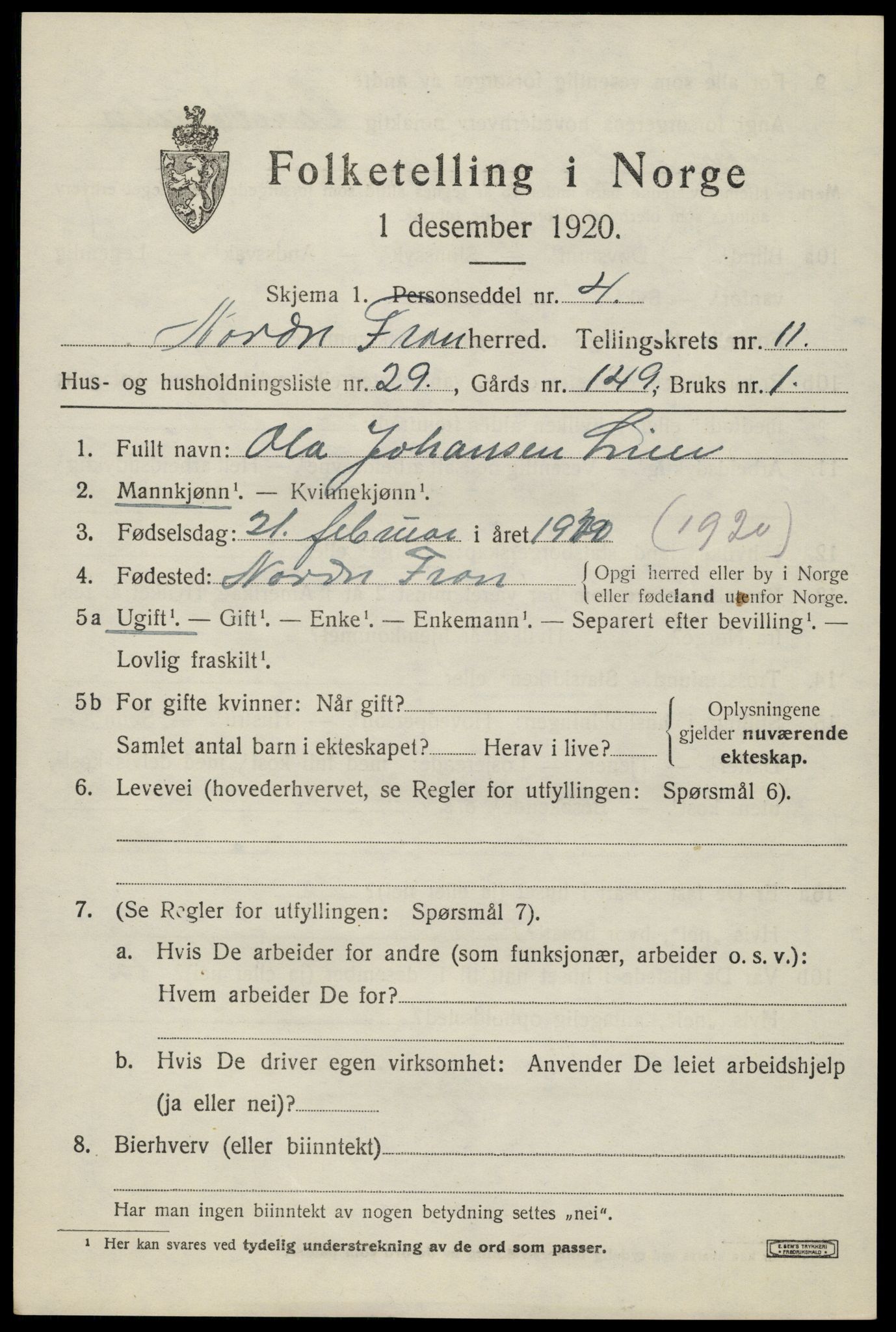 SAH, 1920 census for Nord-Fron, 1920, p. 9690