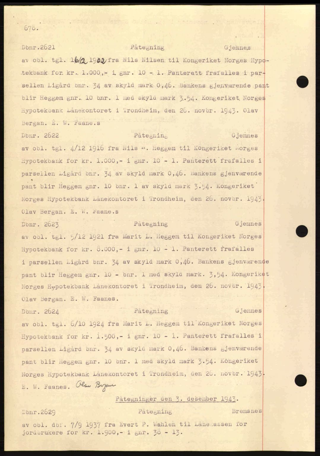 Nordmøre sorenskriveri, AV/SAT-A-4132/1/2/2Ca: Mortgage book no. C81, 1940-1945, Diary no: : 2621/1943