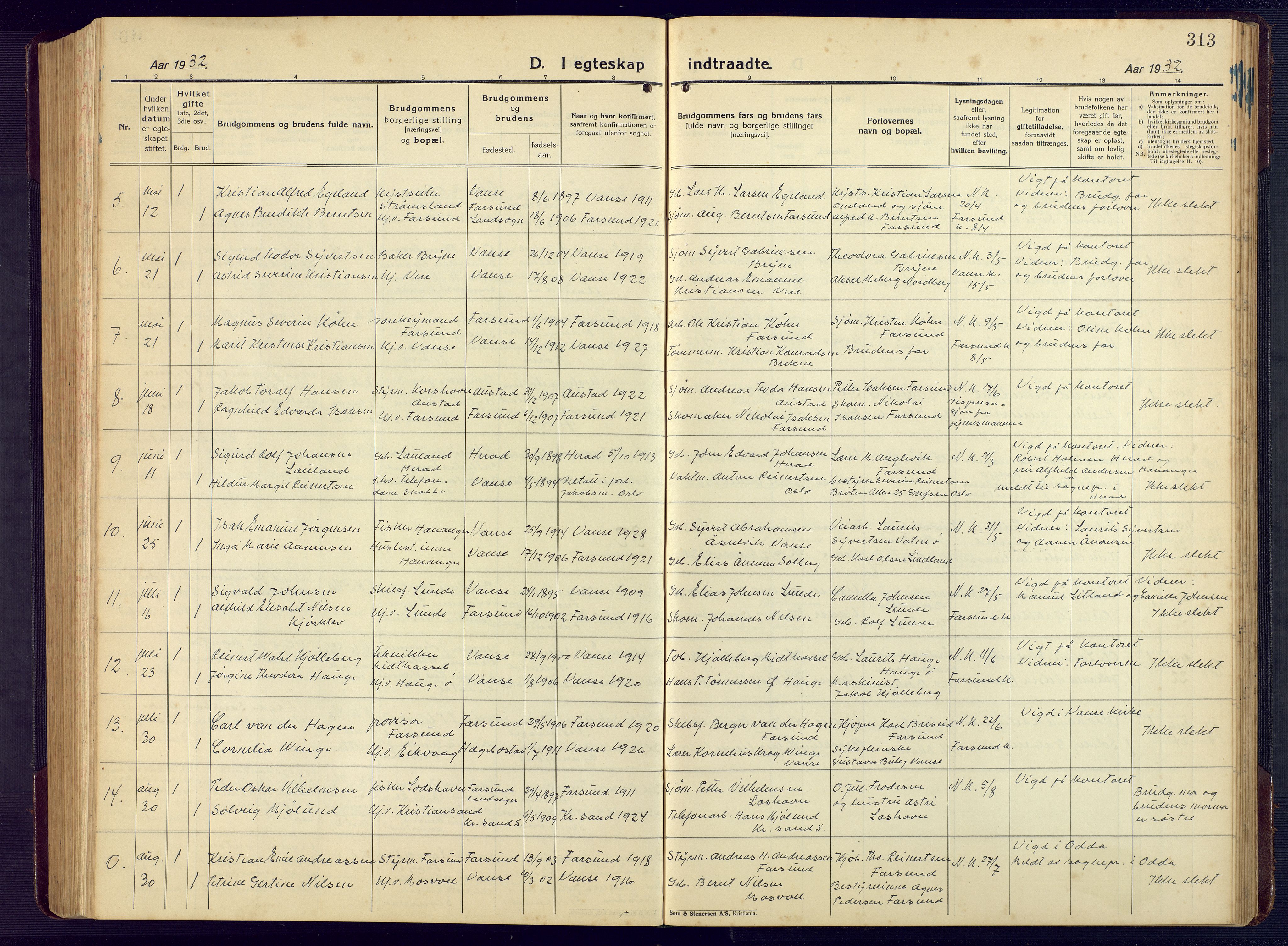 Lista sokneprestkontor, SAK/1111-0027/F/Fb/L0006: Parish register (copy) no. B 6, 1924-1947, p. 313