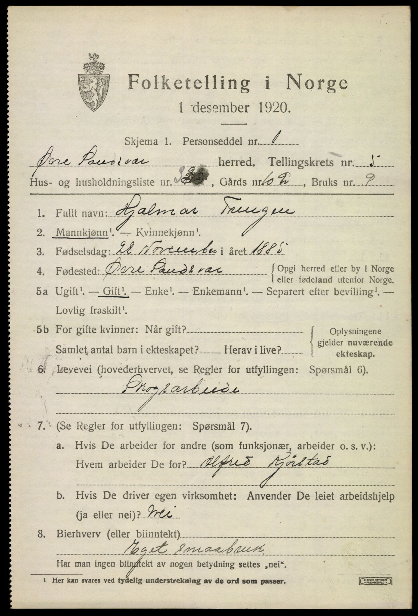 SAKO, 1920 census for Øvre Sandsvær, 1920, p. 3164