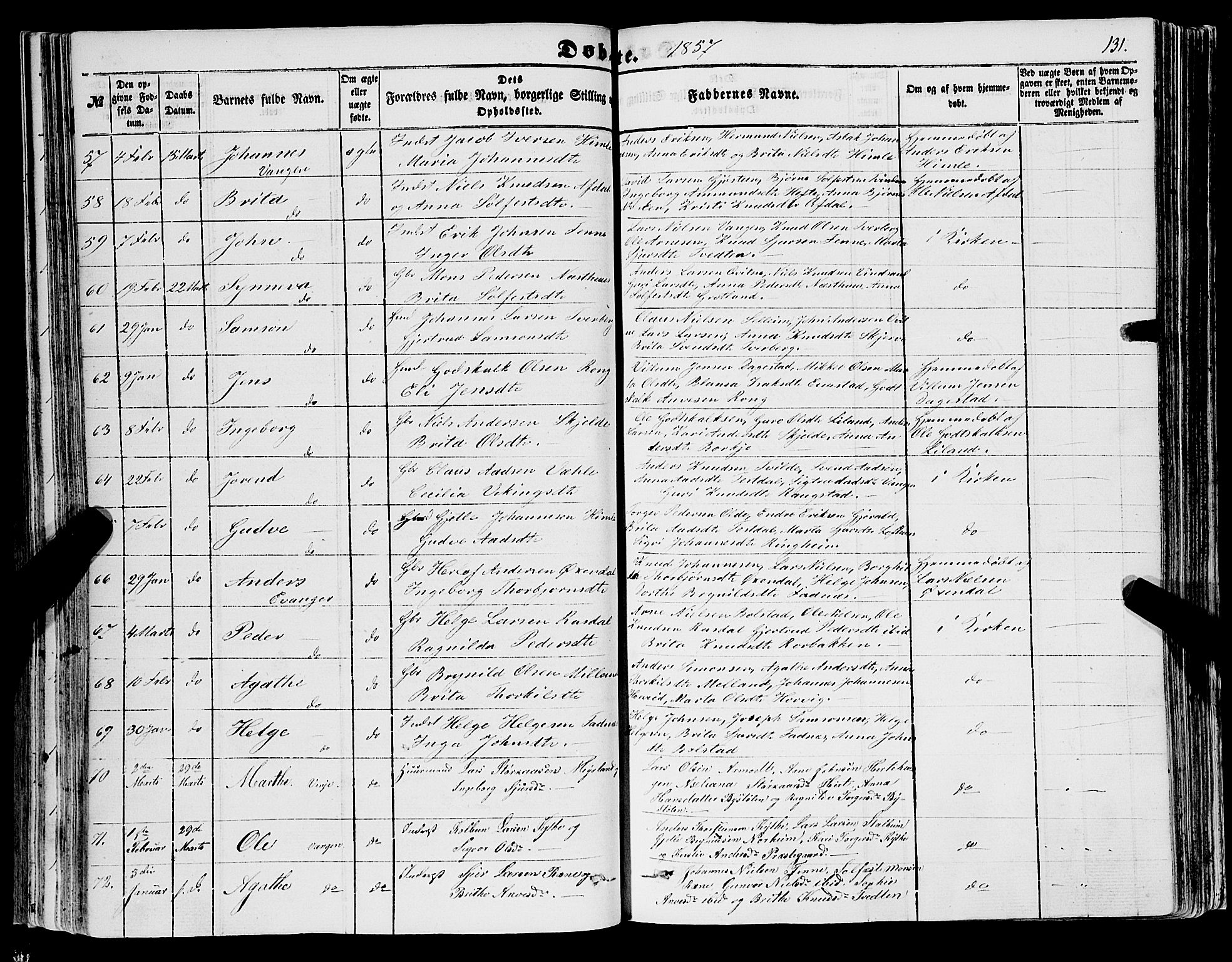 Voss sokneprestembete, AV/SAB-A-79001/H/Haa: Parish register (official) no. A 16, 1849-1863, p. 131