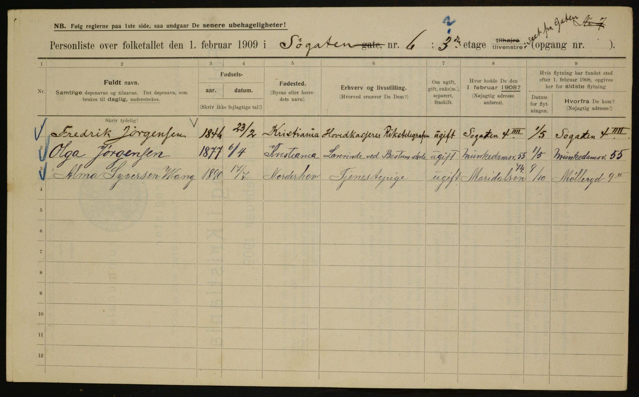 OBA, Municipal Census 1909 for Kristiania, 1909, p. 96198