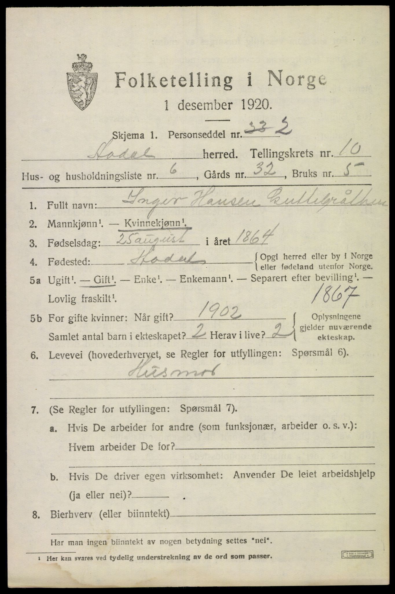 SAKO, 1920 census for Ådal, 1920, p. 6592