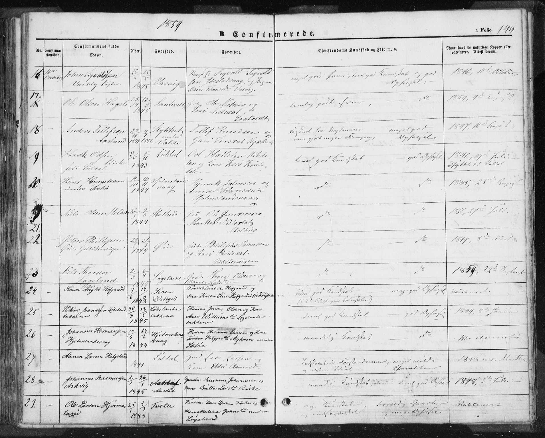 Hjelmeland sokneprestkontor, AV/SAST-A-101843/01/IV/L0009: Parish register (official) no. A 9, 1846-1860, p. 149