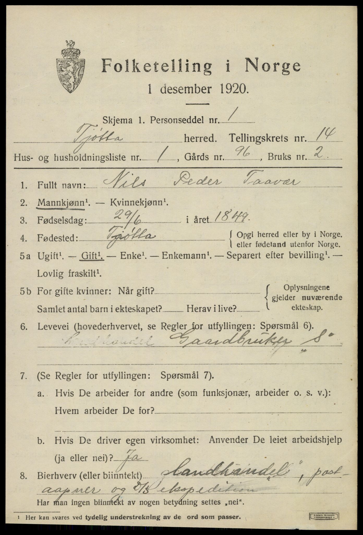 SAT, 1920 census for Tjøtta, 1920, p. 5373