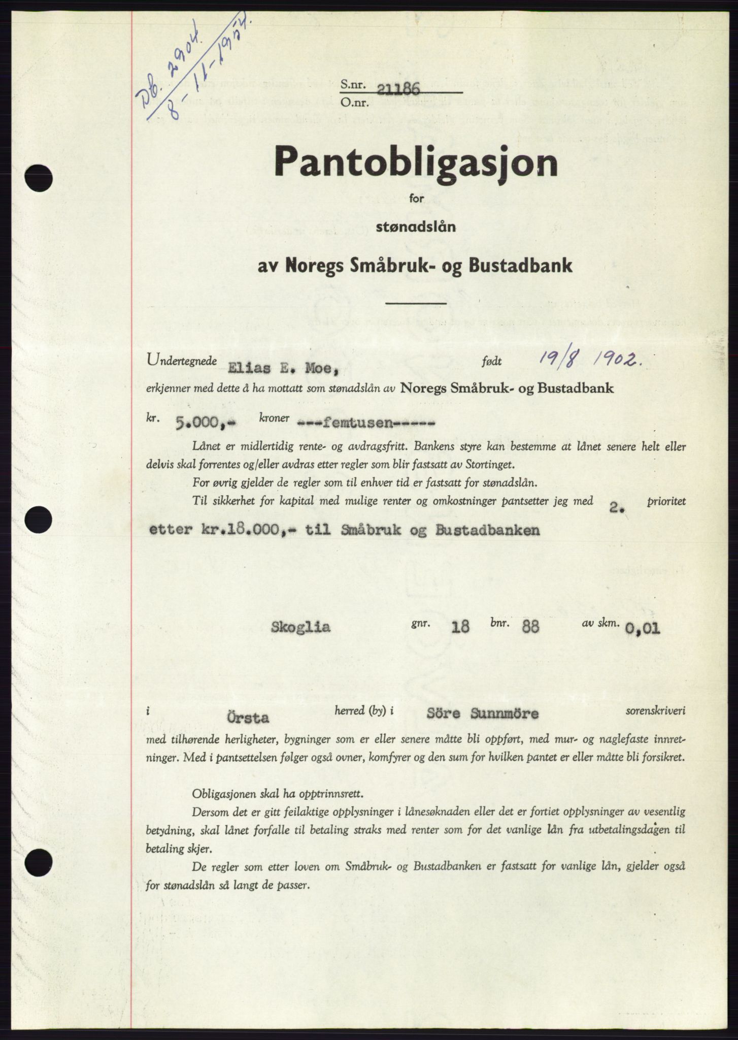 Søre Sunnmøre sorenskriveri, AV/SAT-A-4122/1/2/2C/L0126: Mortgage book no. 14B, 1954-1955, Diary no: : 2904/1954