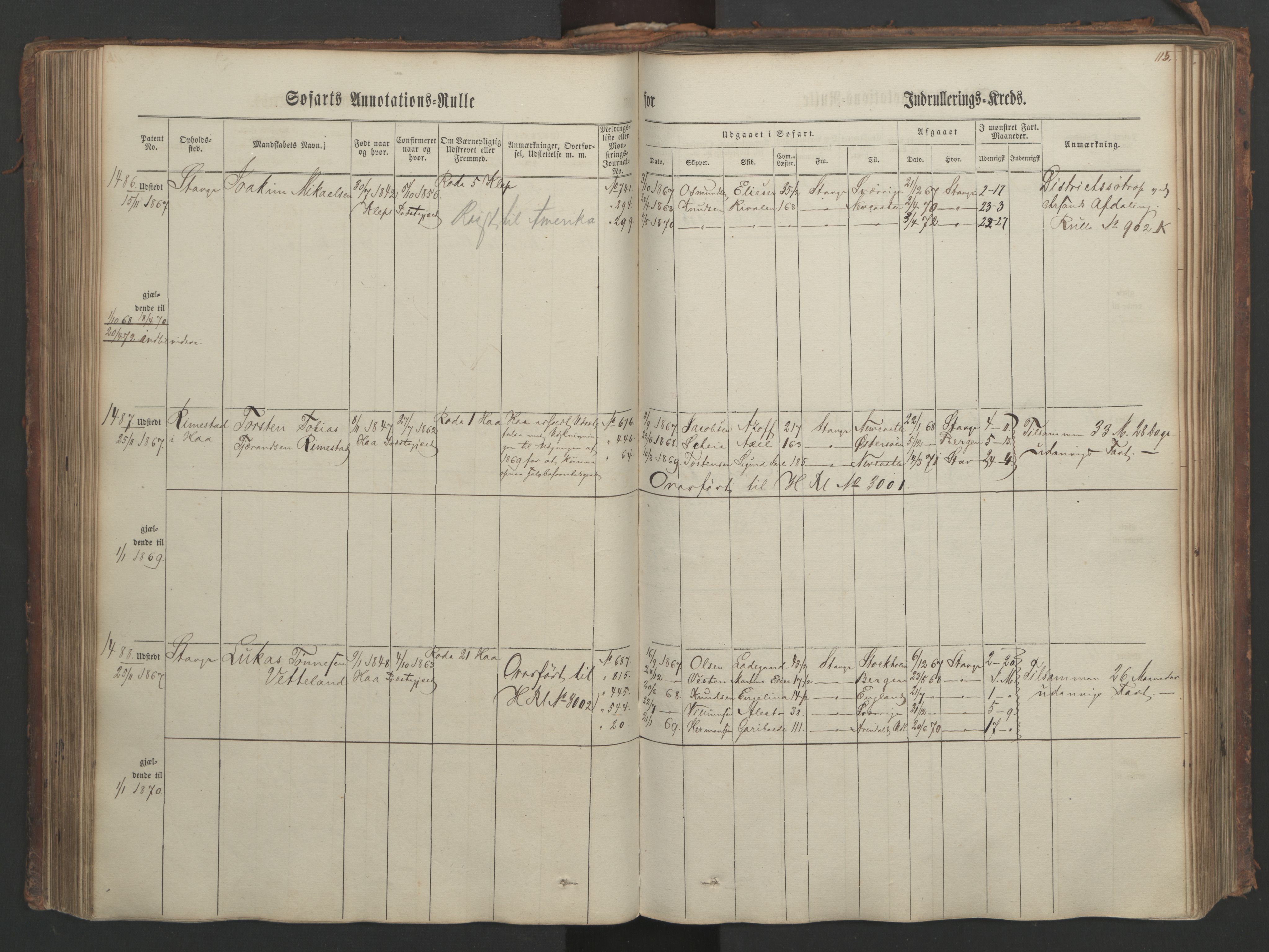 Stavanger sjømannskontor, AV/SAST-A-102006/F/Ff/L0003: Annotasjonsrulle, patentnr. 1144-1761, 1866, p. 133