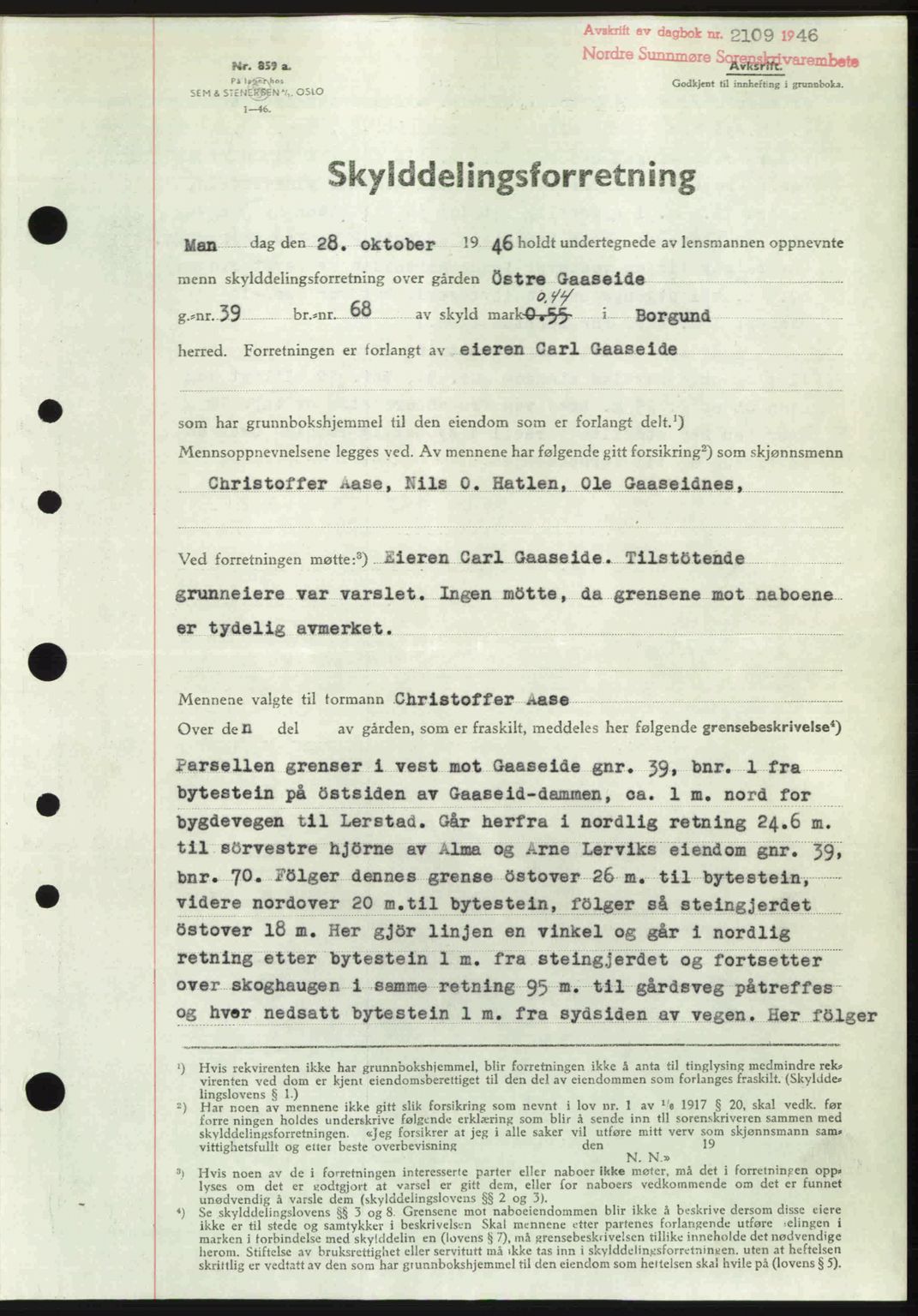 Nordre Sunnmøre sorenskriveri, AV/SAT-A-0006/1/2/2C/2Ca: Mortgage book no. A23, 1946-1947, Diary no: : 2109/1946