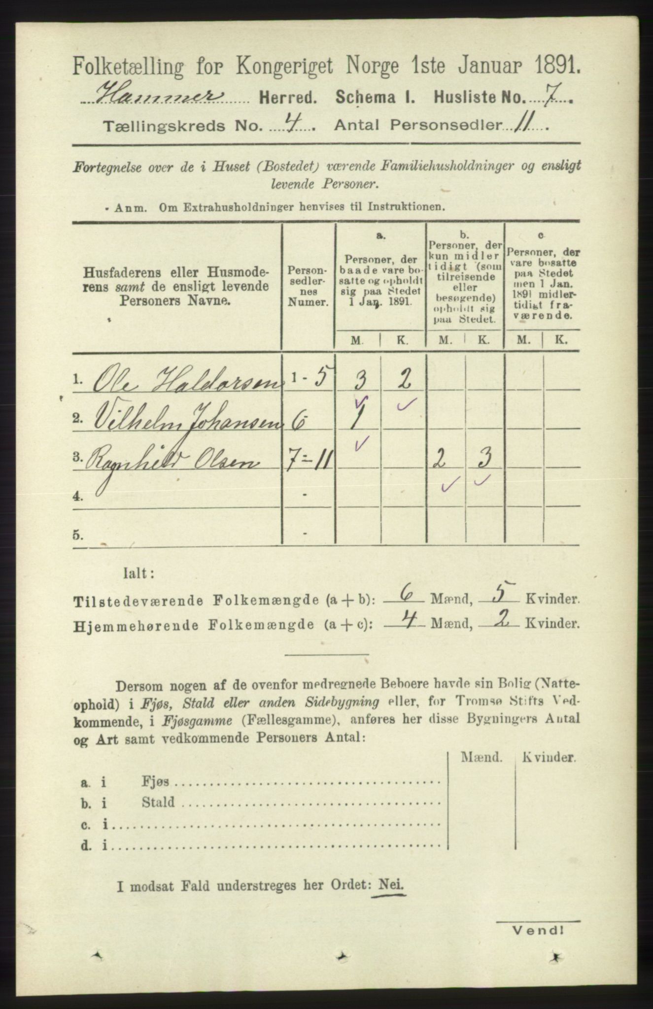 RA, 1891 census for 1254 Hamre, 1891, p. 898