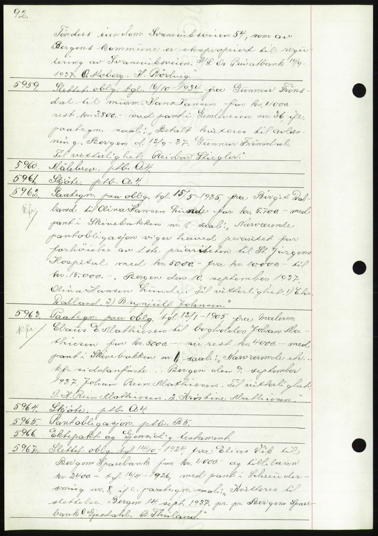 Byfogd og Byskriver i Bergen, AV/SAB-A-3401/03: Mortgage book no. C 5, 1937-1937, Diary no: : 5959/1937