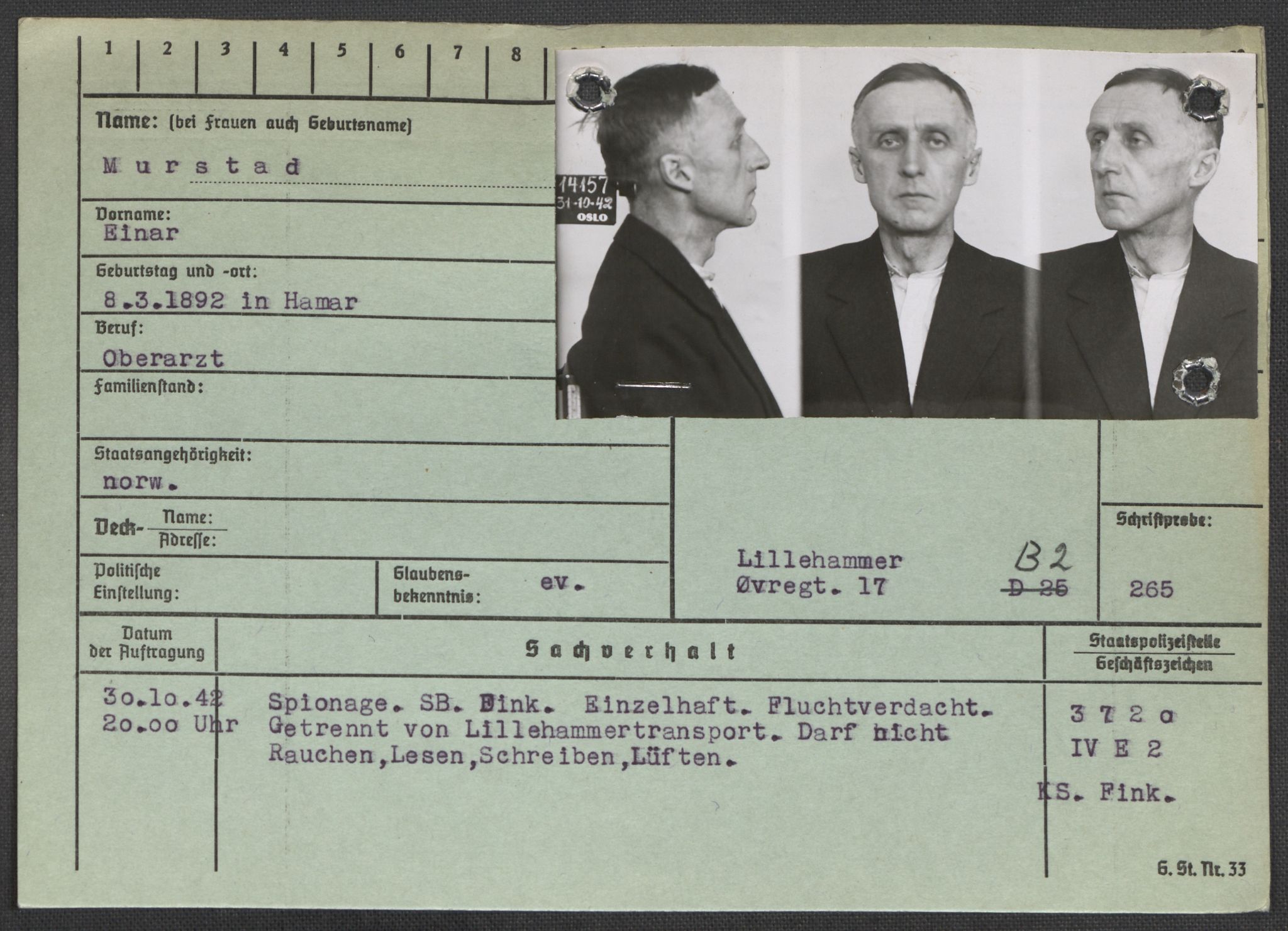 Befehlshaber der Sicherheitspolizei und des SD, AV/RA-RAFA-5969/E/Ea/Eaa/L0007: Register over norske fanger i Møllergata 19: Lundb-N, 1940-1945, p. 872
