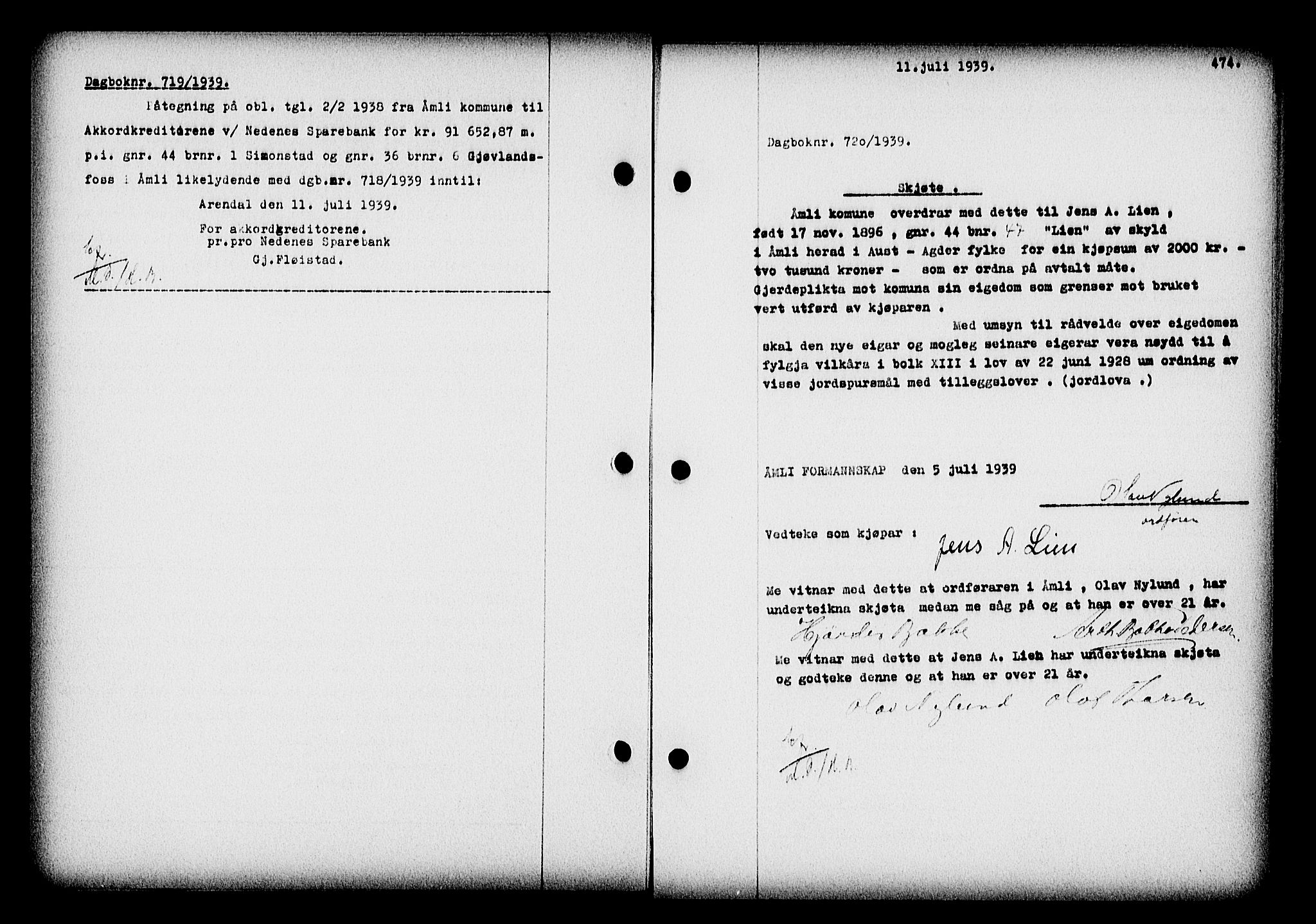 Nedenes sorenskriveri, SAK/1221-0006/G/Gb/Gba/L0046: Mortgage book no. 42, 1938-1939, Diary no: : 720/1939