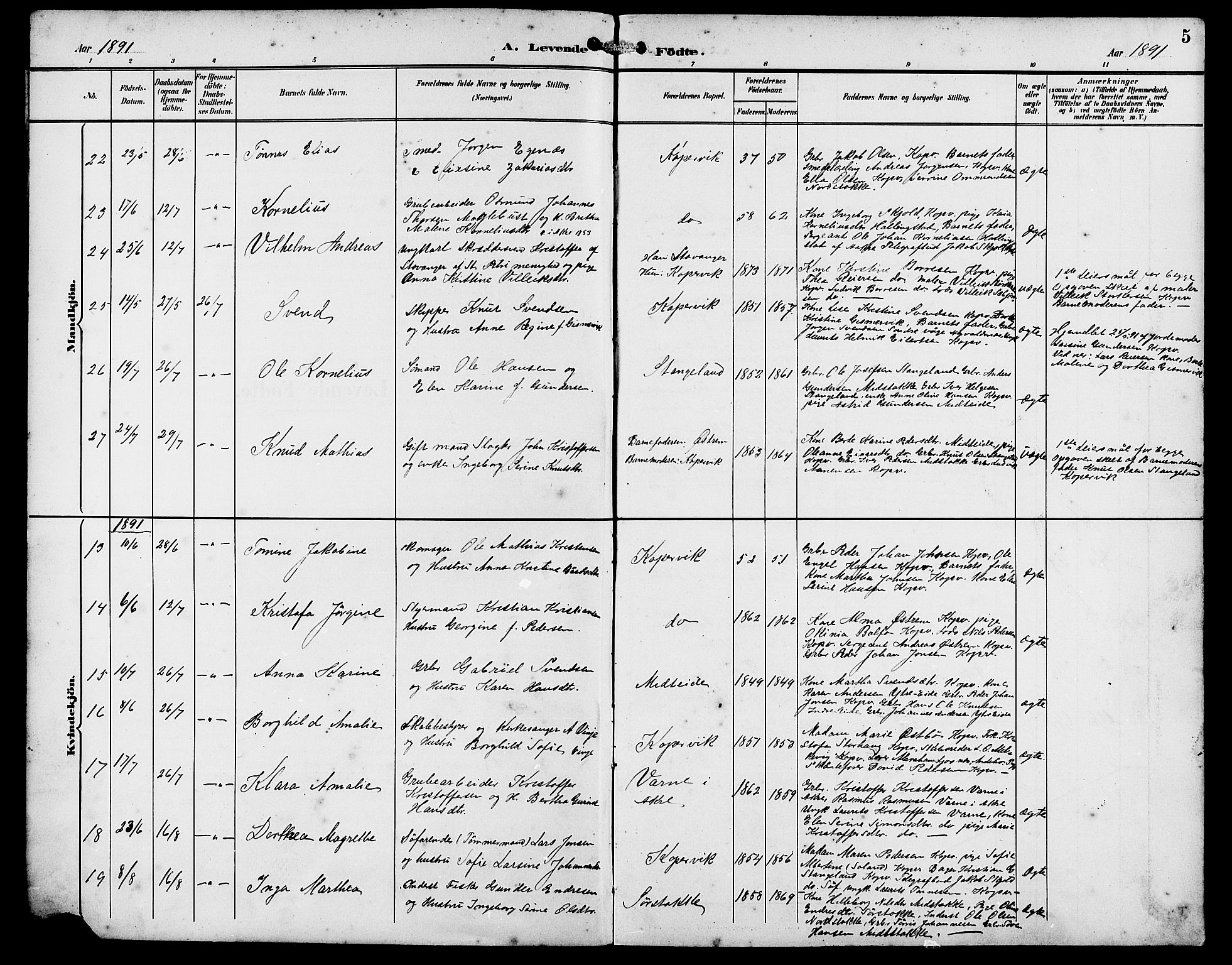 Kopervik sokneprestkontor, AV/SAST-A-101850/H/Ha/Hab/L0003: Parish register (copy) no. B 3, 1891-1909, p. 5