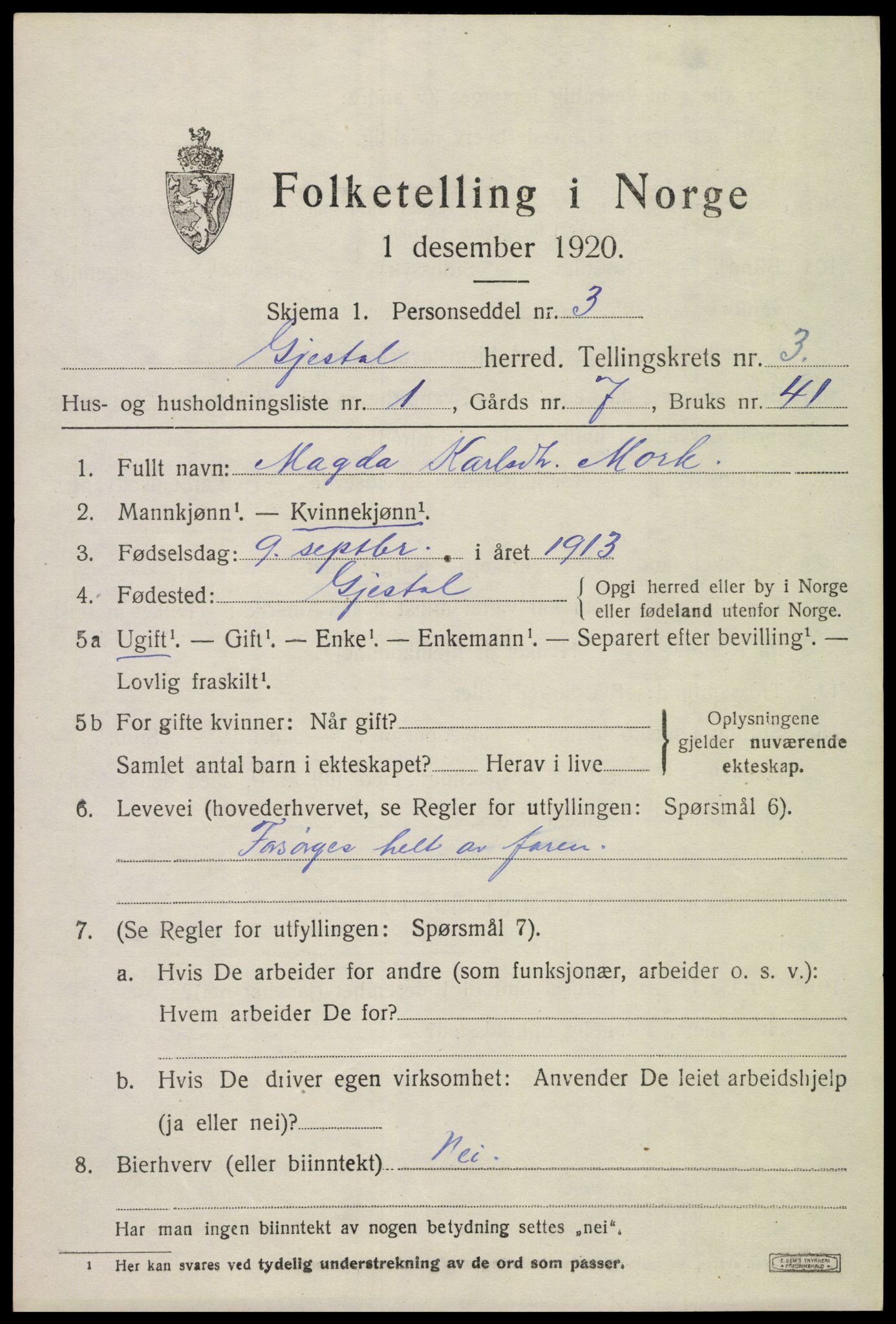 SAST, 1920 census for Gjesdal, 1920, p. 2130