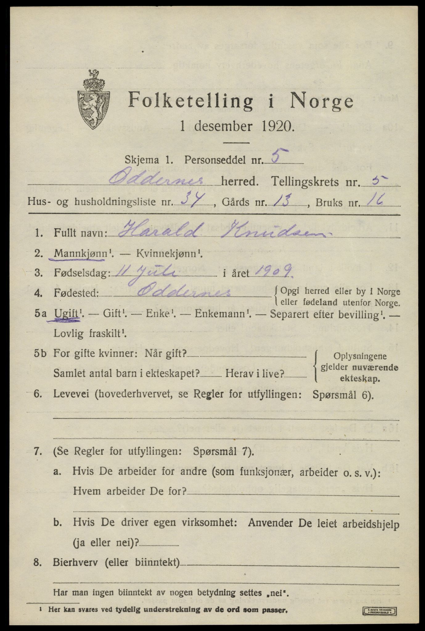 SAK, 1920 census for Oddernes, 1920, p. 4671