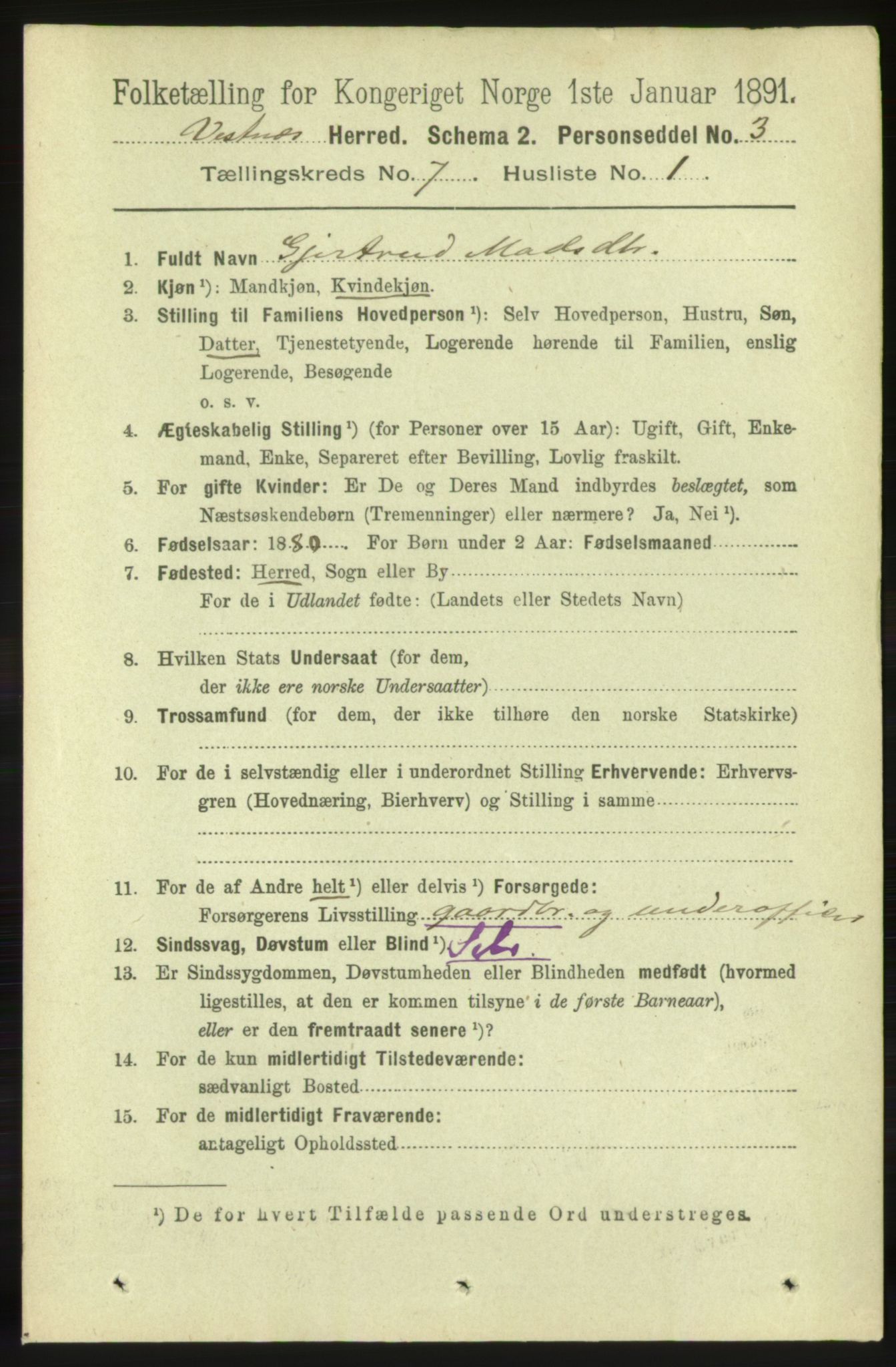 RA, 1891 census for 1535 Vestnes, 1891, p. 2695