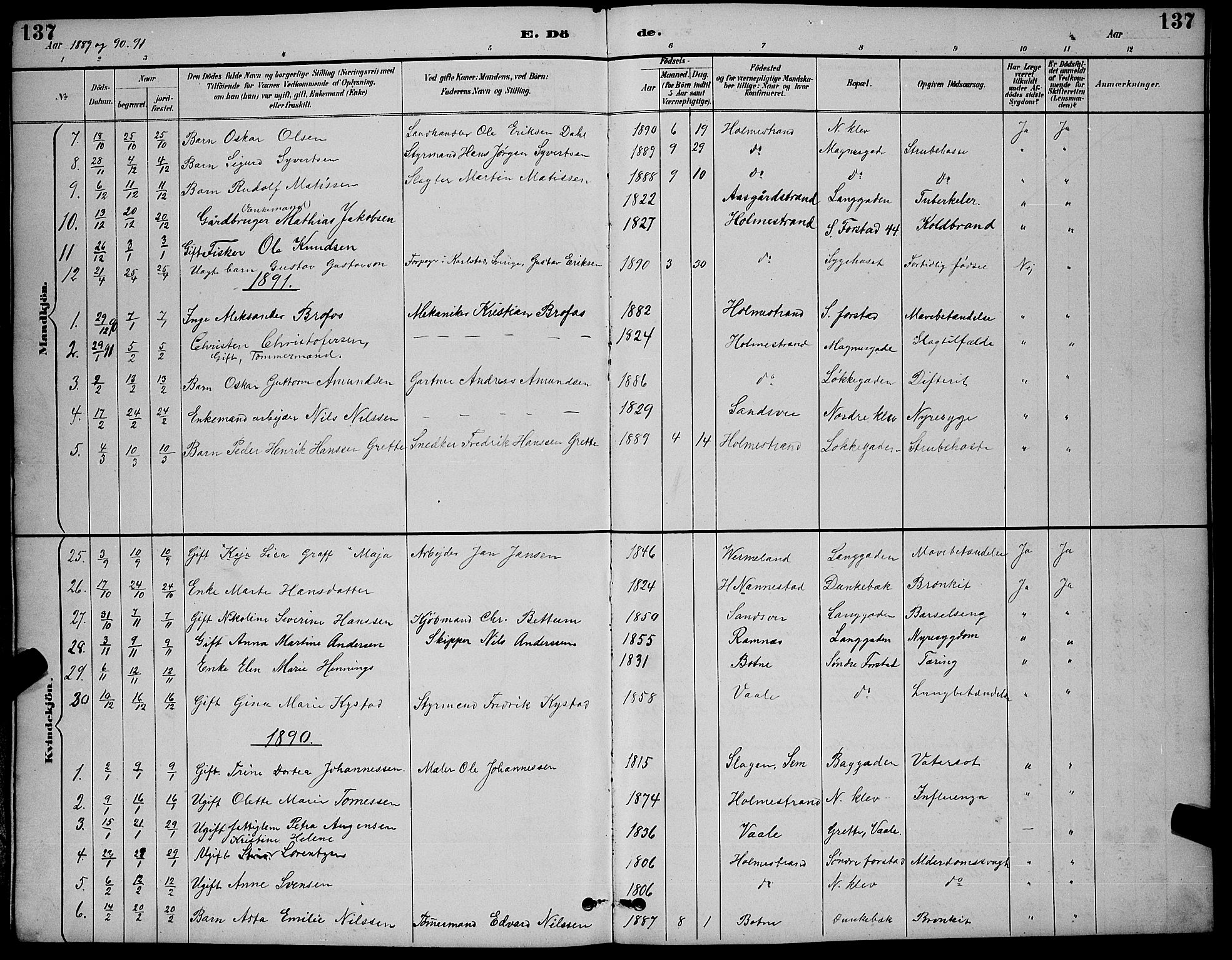 Holmestrand kirkebøker, AV/SAKO-A-346/G/Ga/L0005: Parish register (copy) no. 5, 1889-1901, p. 137