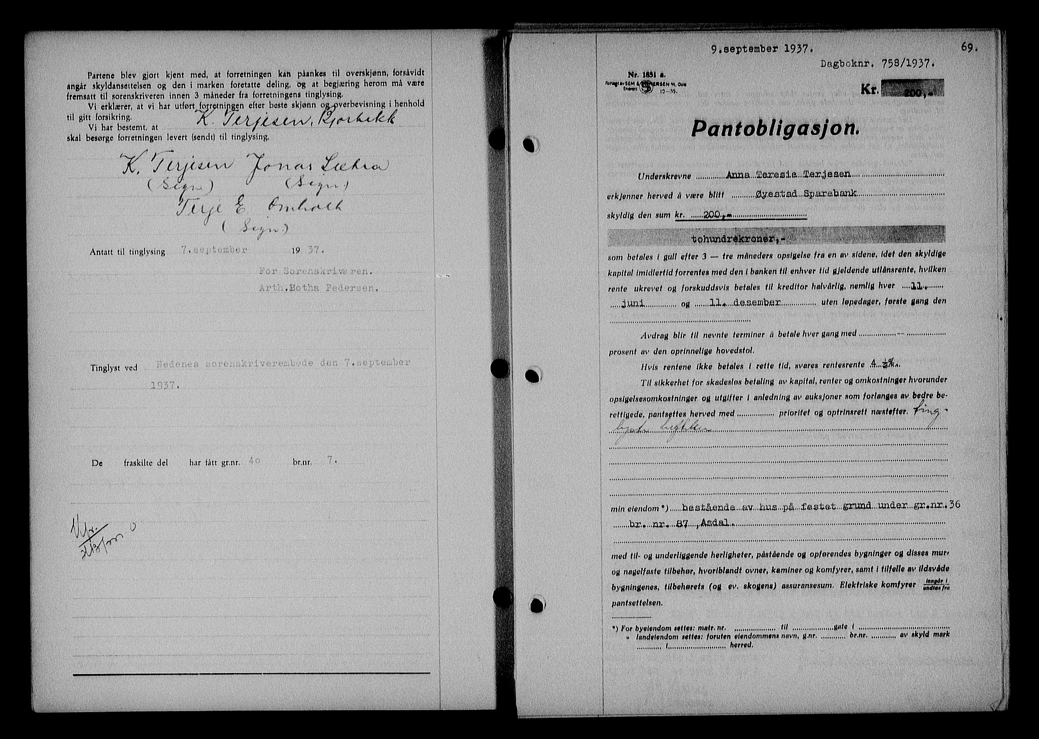 Nedenes sorenskriveri, SAK/1221-0006/G/Gb/Gba/L0044: Mortgage book no. 40, 1937-1938, Diary no: : 758/1937