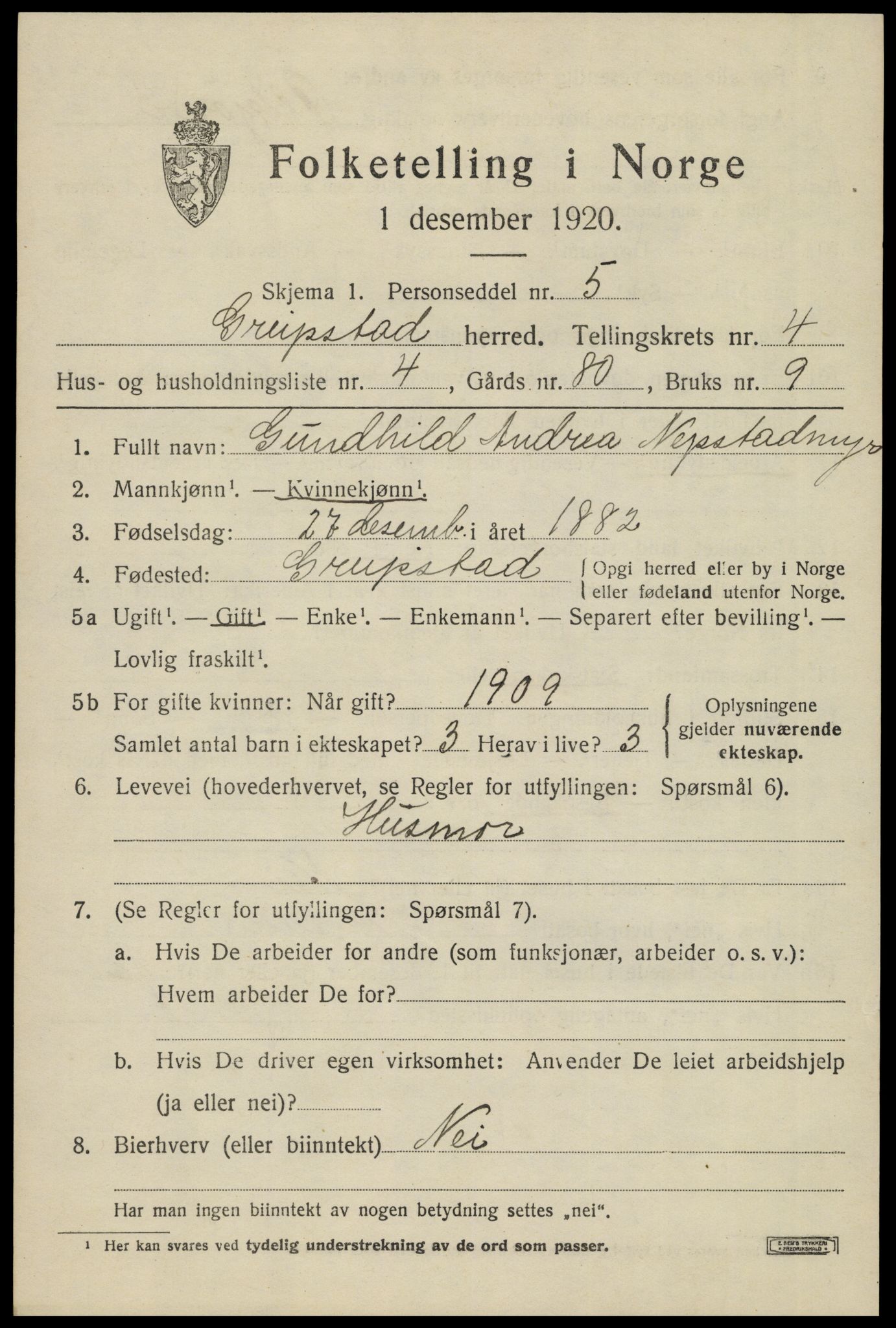 SAK, 1920 census for Greipstad, 1920, p. 1542