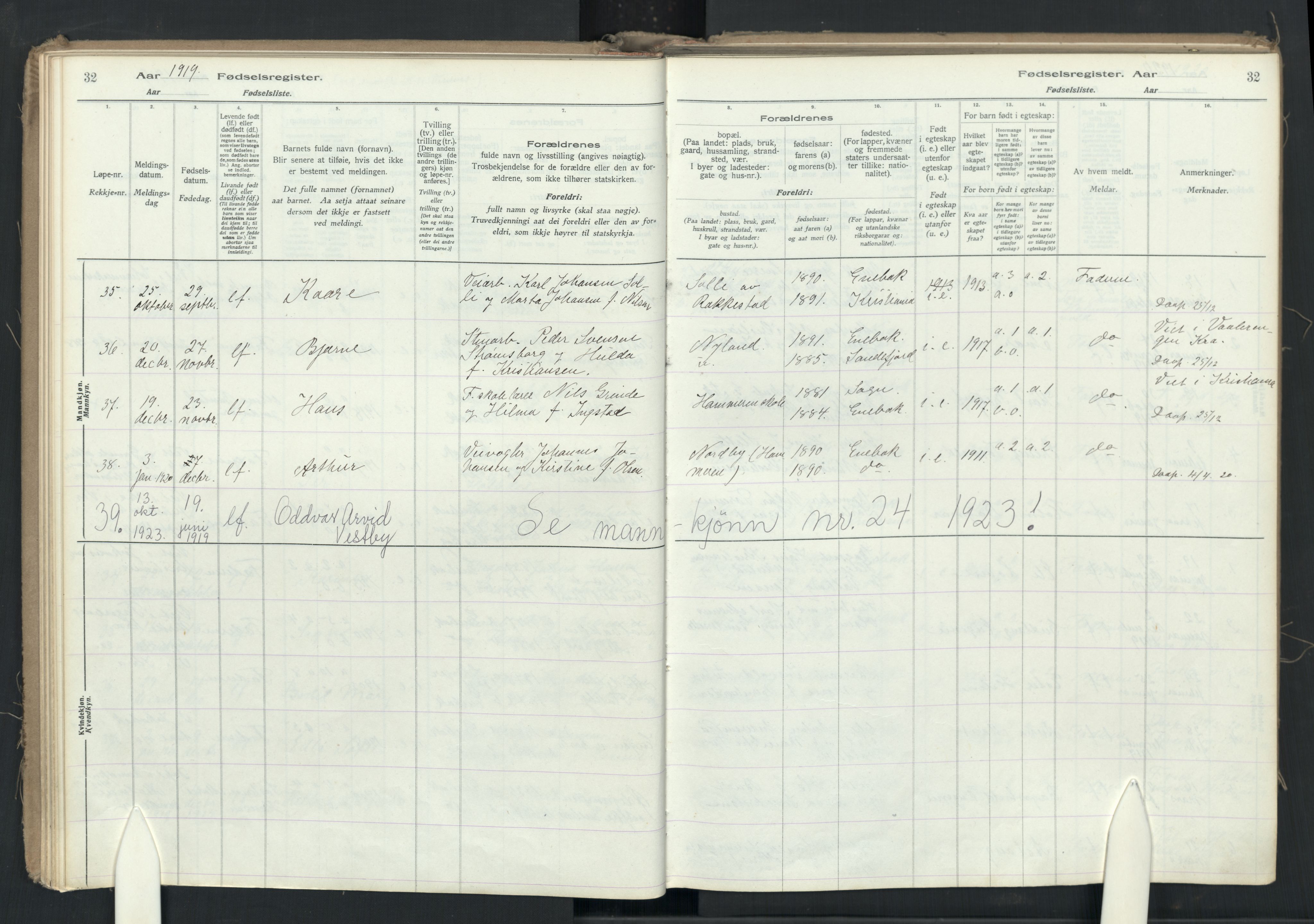 Enebakk prestekontor Kirkebøker, AV/SAO-A-10171c/J/Ja/L0001: Birth register no. I 1, 1916-1948, p. 32