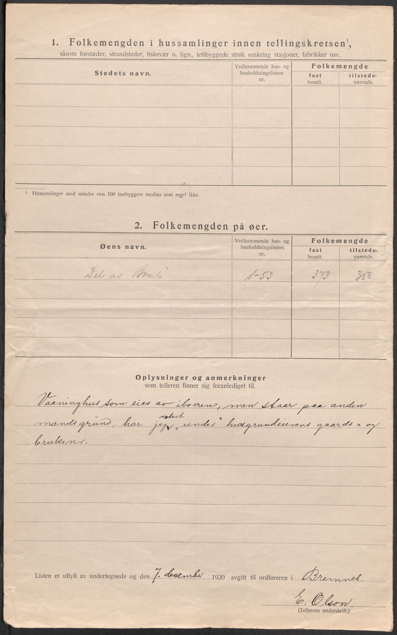 SAB, 1920 census for Bremnes, 1920, p. 19