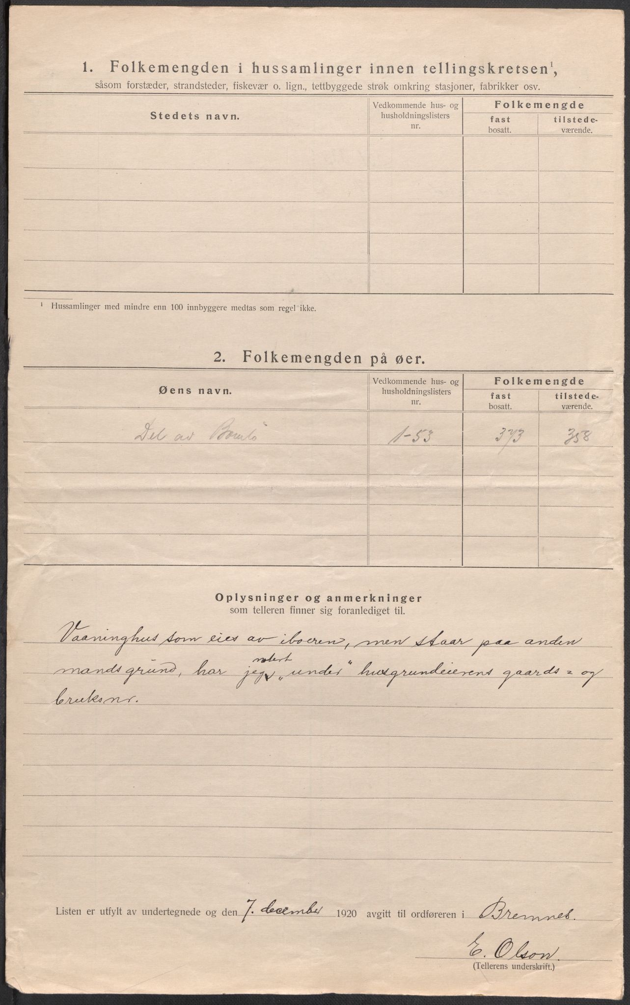 SAB, 1920 census for Bremnes, 1920, p. 19