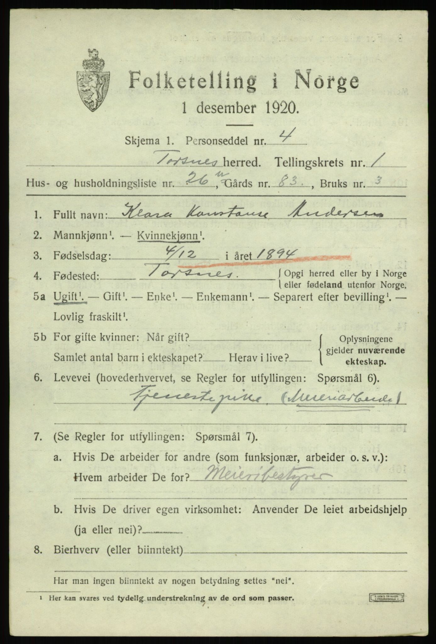 SAO, 1920 census for Torsnes, 1920, p. 747