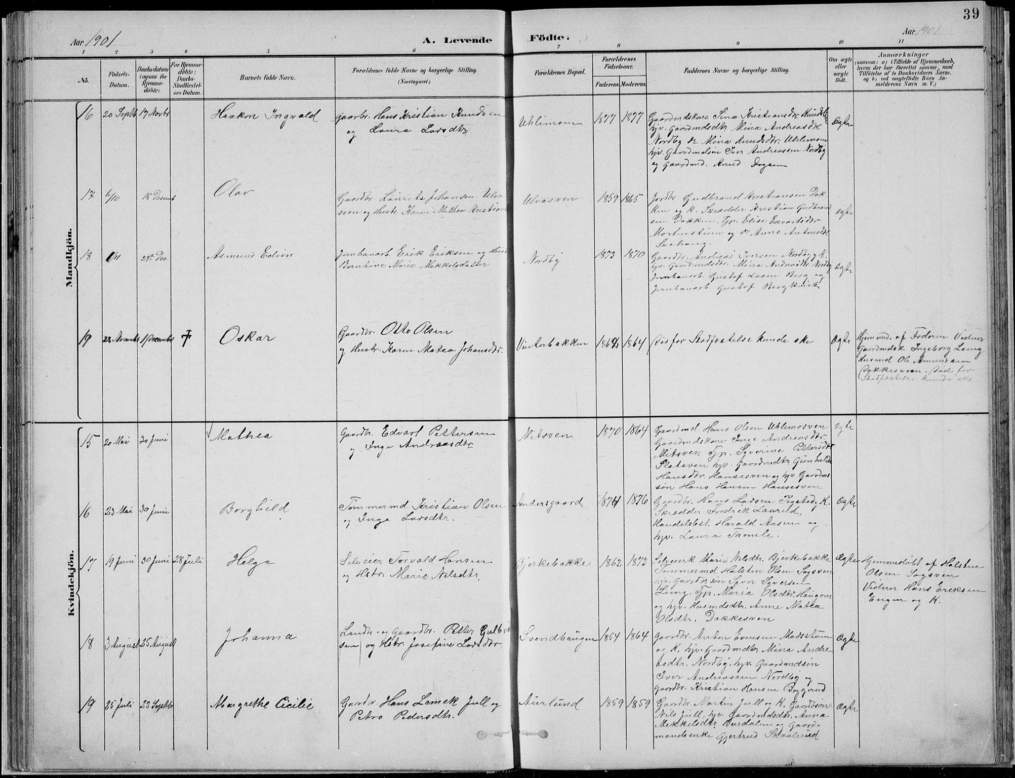 Nordre Land prestekontor, AV/SAH-PREST-124/H/Ha/Hab/L0013: Parish register (copy) no. 13, 1891-1904, p. 39