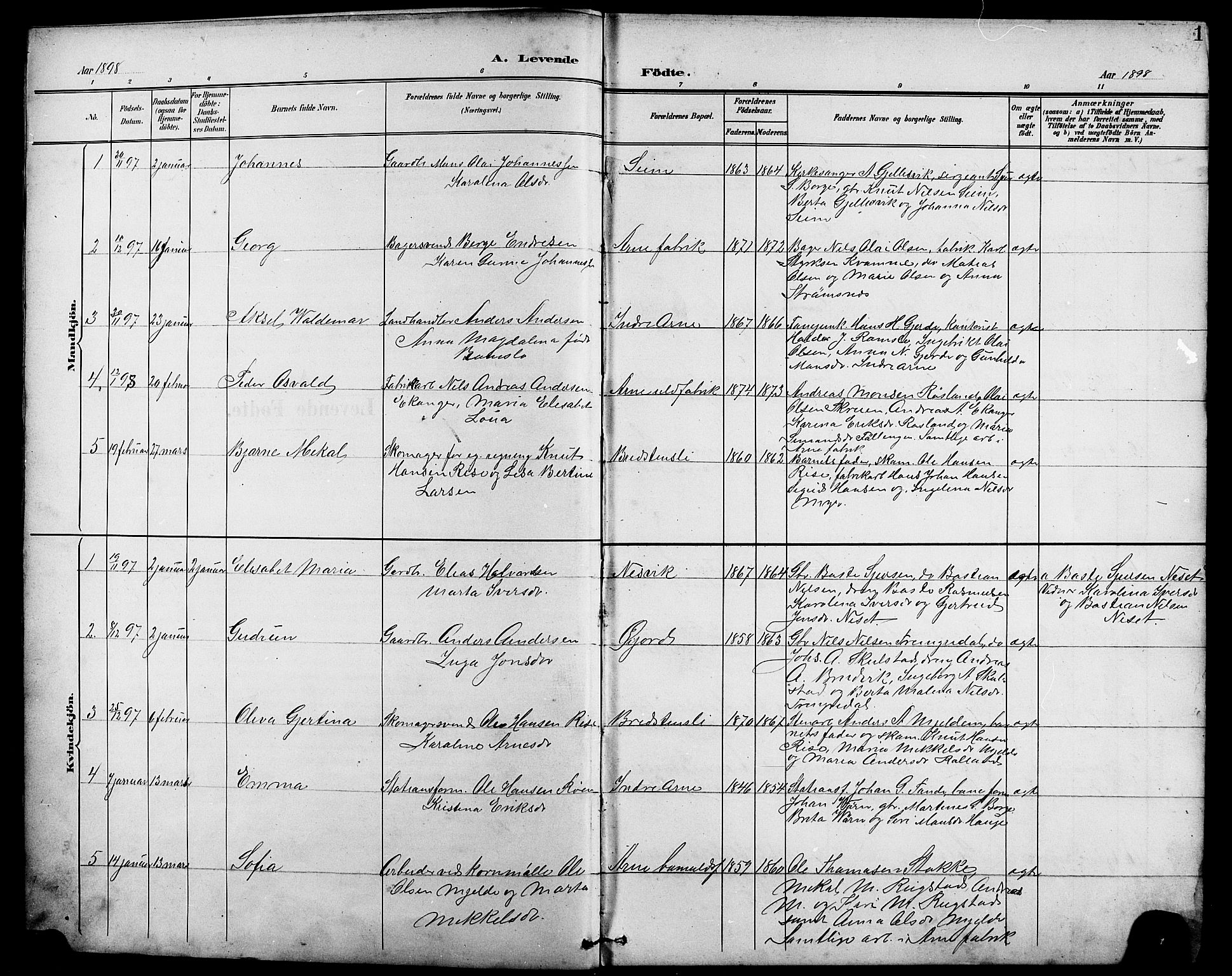 Arna Sokneprestembete, SAB/A-74001/H/Ha/Hab: Parish register (copy) no. A 4, 1898-1910, p. 1