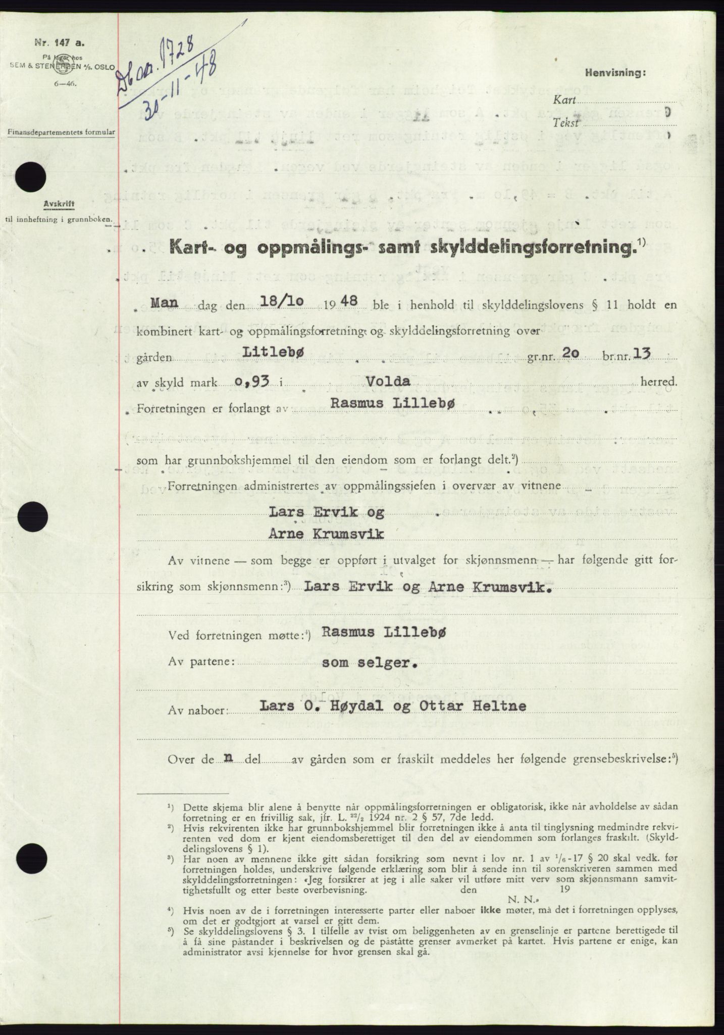 Søre Sunnmøre sorenskriveri, AV/SAT-A-4122/1/2/2C/L0083: Mortgage book no. 9A, 1948-1949, Diary no: : 1728/1948