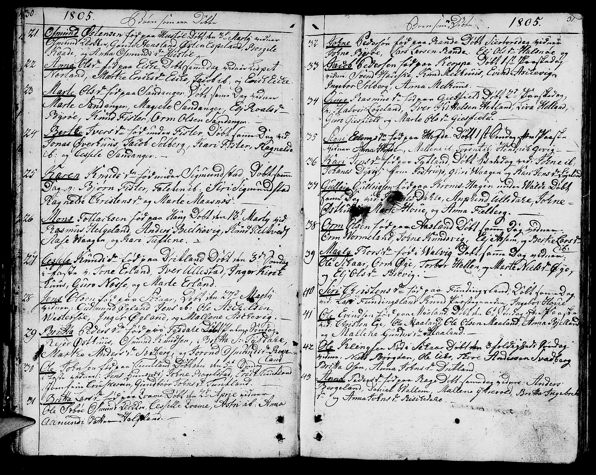 Hjelmeland sokneprestkontor, AV/SAST-A-101843/01/IV/L0002: Parish register (official) no. A 2, 1799-1816, p. 30-31