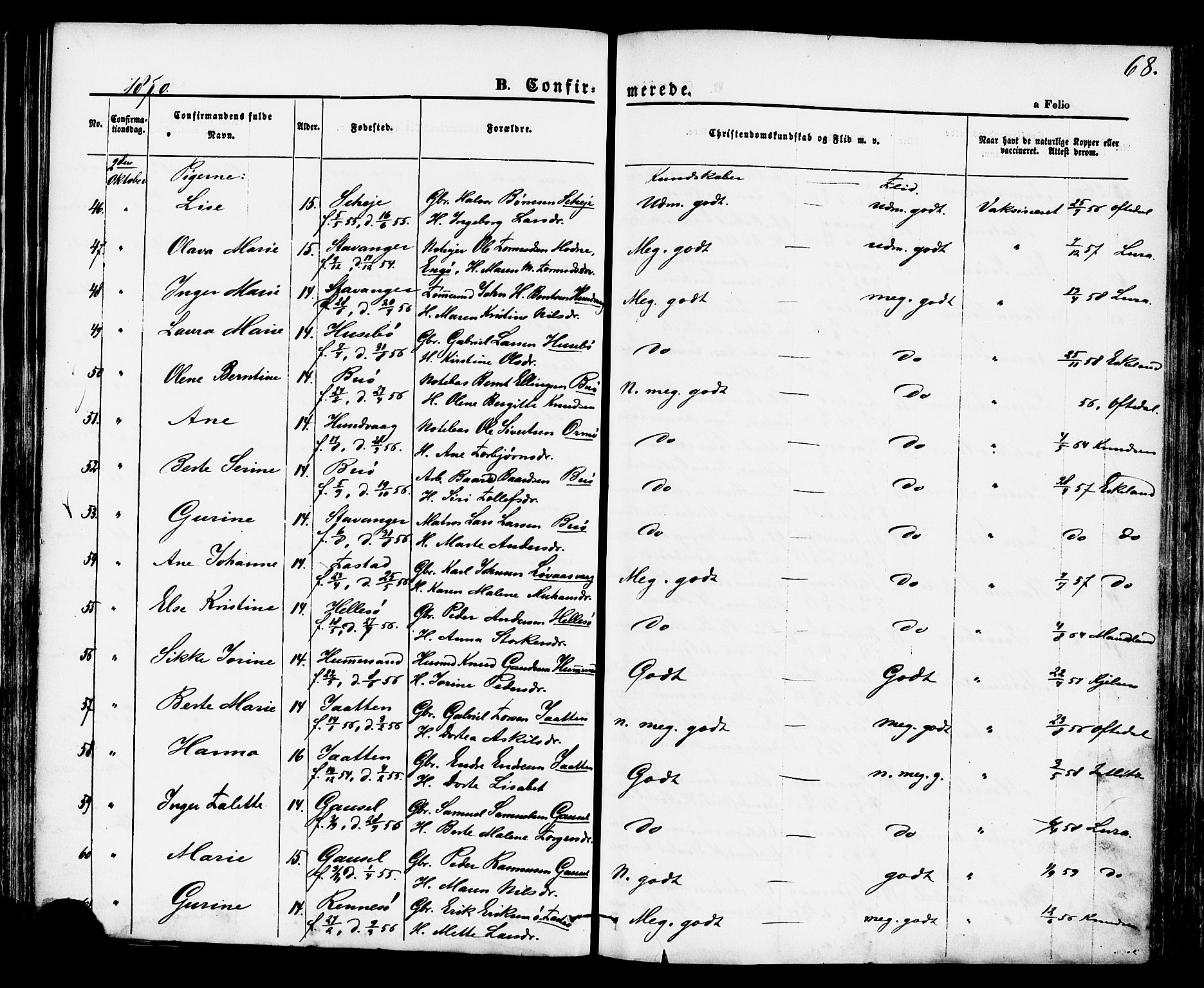 Hetland sokneprestkontor, AV/SAST-A-101826/30/30BA/L0004: Parish register (official) no. A 4, 1862-1881, p. 68