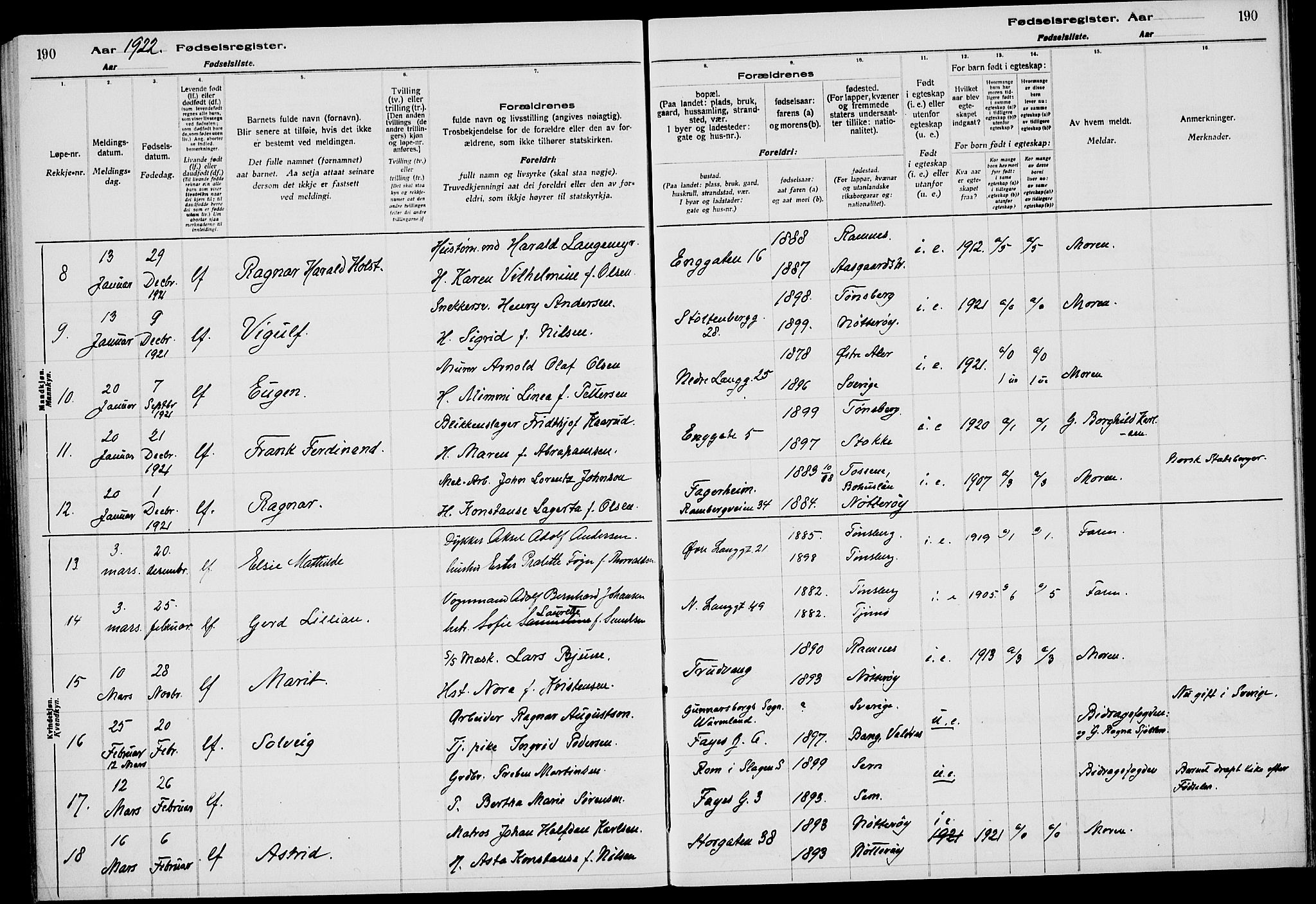 Tønsberg kirkebøker, AV/SAKO-A-330/J/Ja/L0001: Birth register no. 1, 1916-1922, p. 190