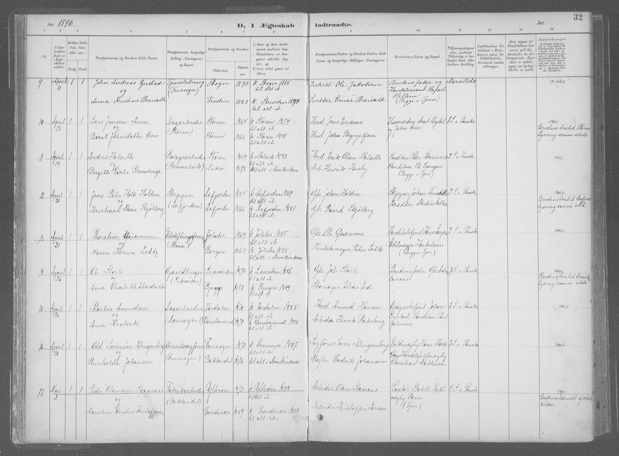 Ministerialprotokoller, klokkerbøker og fødselsregistre - Sør-Trøndelag, SAT/A-1456/601/L0064: Parish register (official) no. 601A31, 1891-1911, p. 32