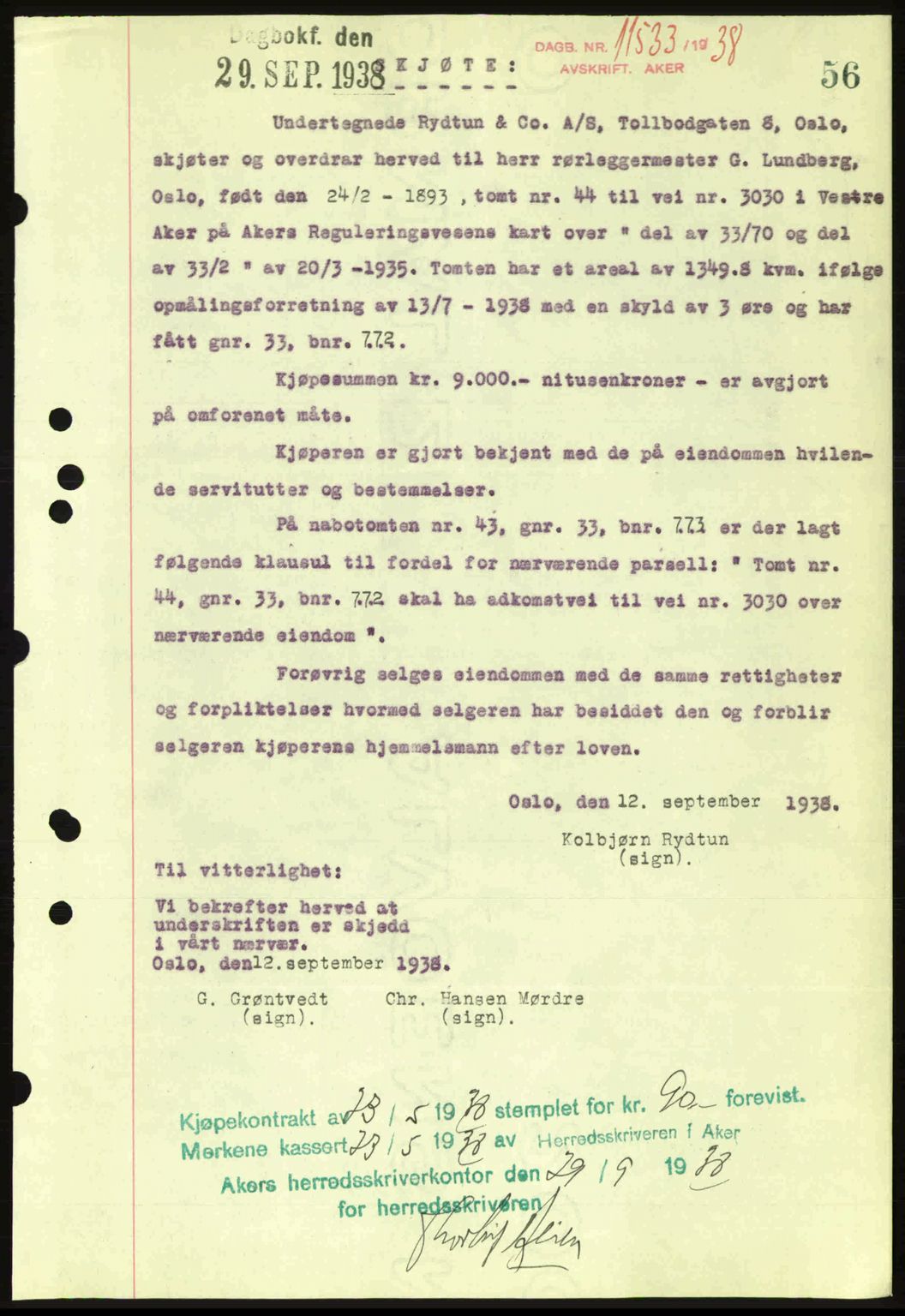Aker herredsskriveri, SAO/A-10896/G/Gb/Gba/Gbab/L0025: Mortgage book no. A154-155, 1938-1938, Diary no: : 11533/1938